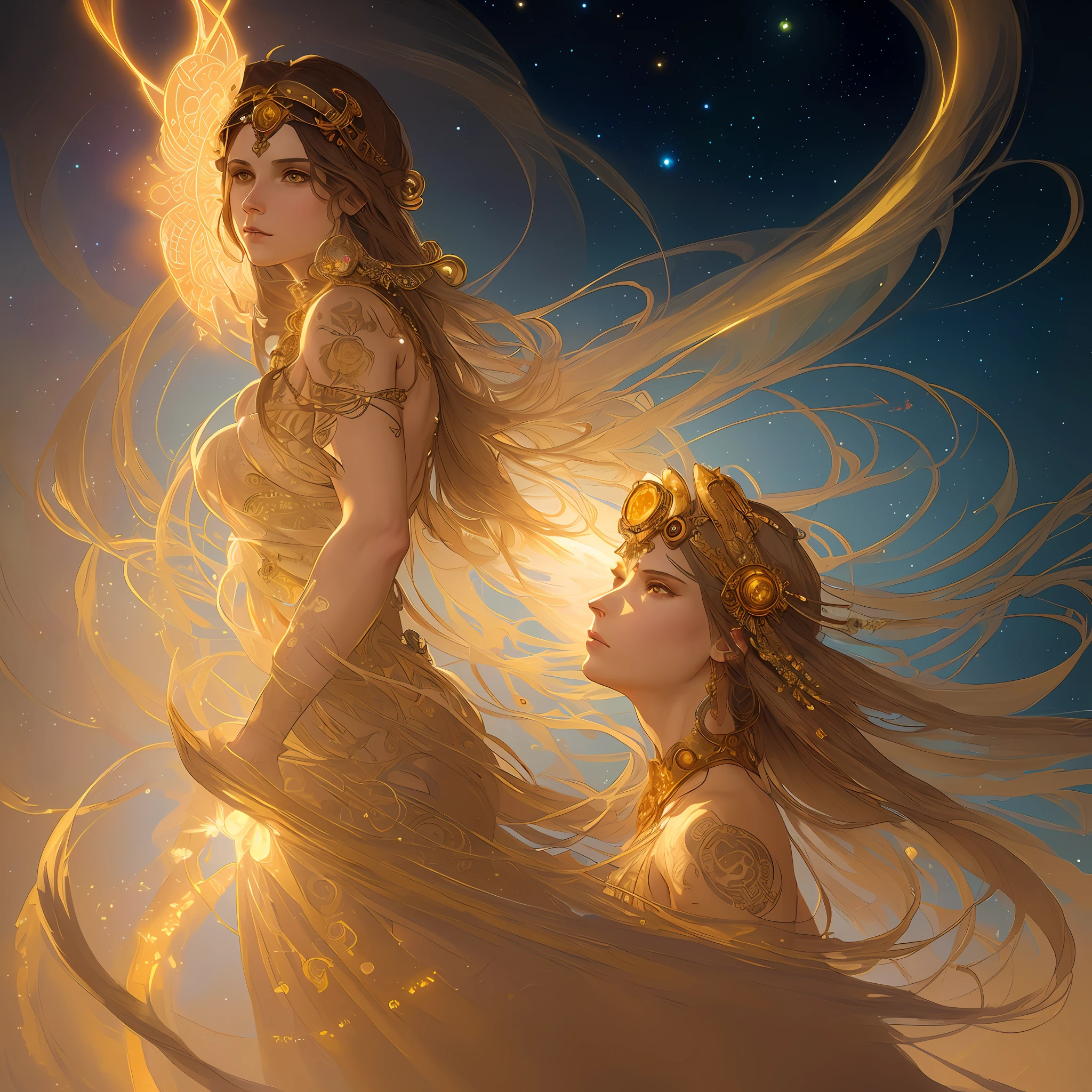 (A beautiful cinematic ornamented female sand goddess, golden dress, glow golden tattoo), (galactic Shaman with Quantum Energy fantasy), fantasy magic, long hairstyle, dark light night, intricate, ethereal, sharp focus, illustration, highly detailed, digital painting, concept art, matte, (art by WLOP), (by Justin Gerard and Jason Edmiston: 1.5), (by Greg Rutkowski: 0.4), (by Alphonse Mucha: 0.4), masterpiece