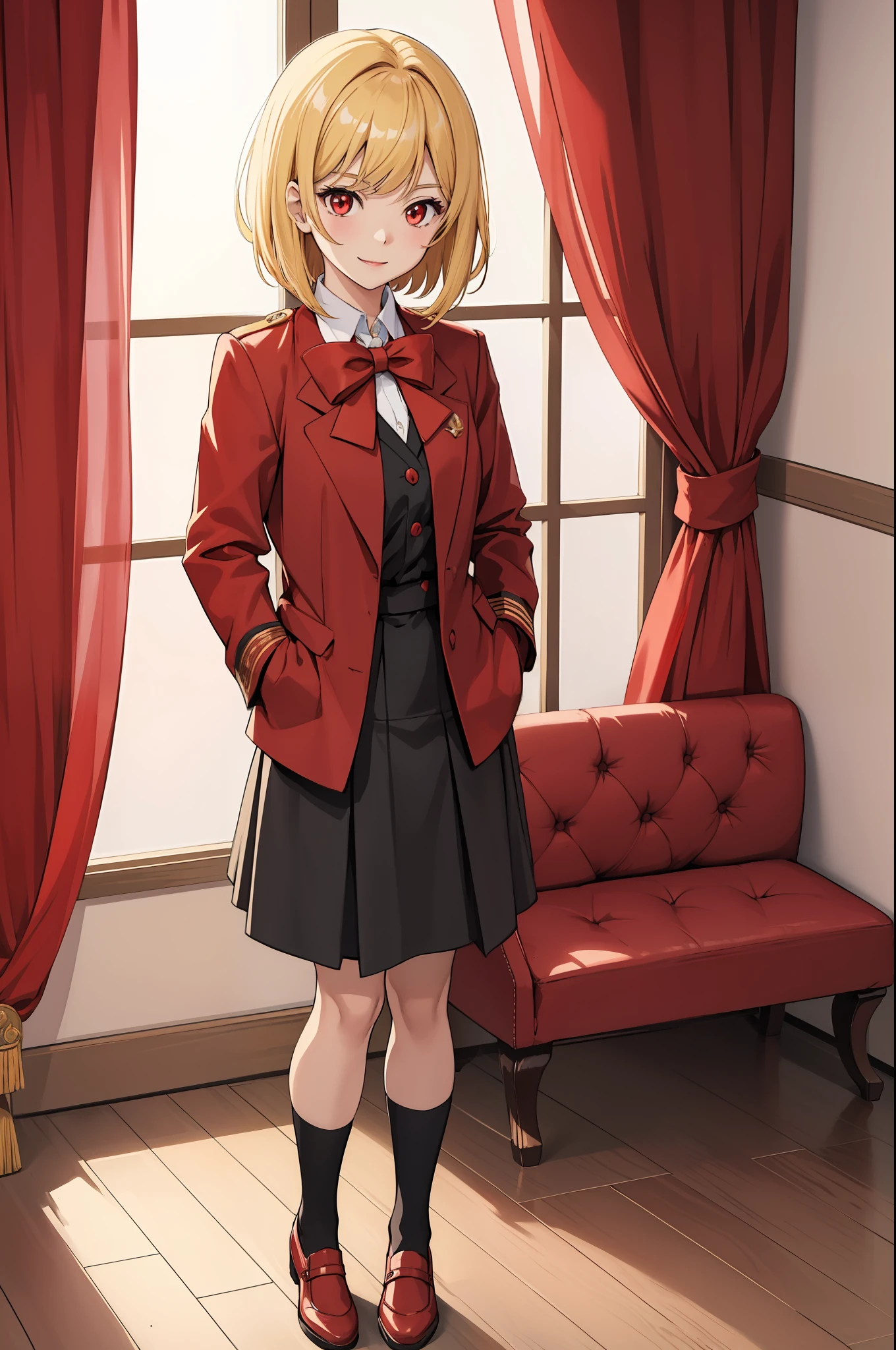 (masterpiece:1.2), (best quality:1.2), perfect lighting, 1girl, (masterpiece, best quality), chisato nishikigi, lycoris retreat, standing with hand on hip, white backdrop, smiling , looking at viewer, daylight, short hair, bob hair, blonde hair, red lycoris uniform, red eyes, solo, anime girl in a red coat and black skirt with a bow, yandere, anime moe artstyle, full body zenkai !, perfect anatomy, perfect eyes, perfect hands