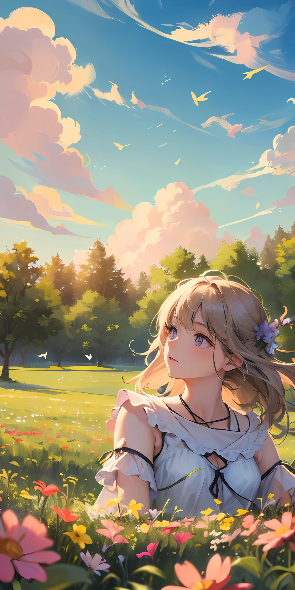 High Detail, Ultra Detail, Ultra High Resolution A cute and innocent girl is enjoying her time in an open field, surrounded by the beauty of nature, with the warm sun shining on her and wild flowers swaying gently in the breeze. Butterflies and birds flutter around her, adding to the playful atmosphere, --v6