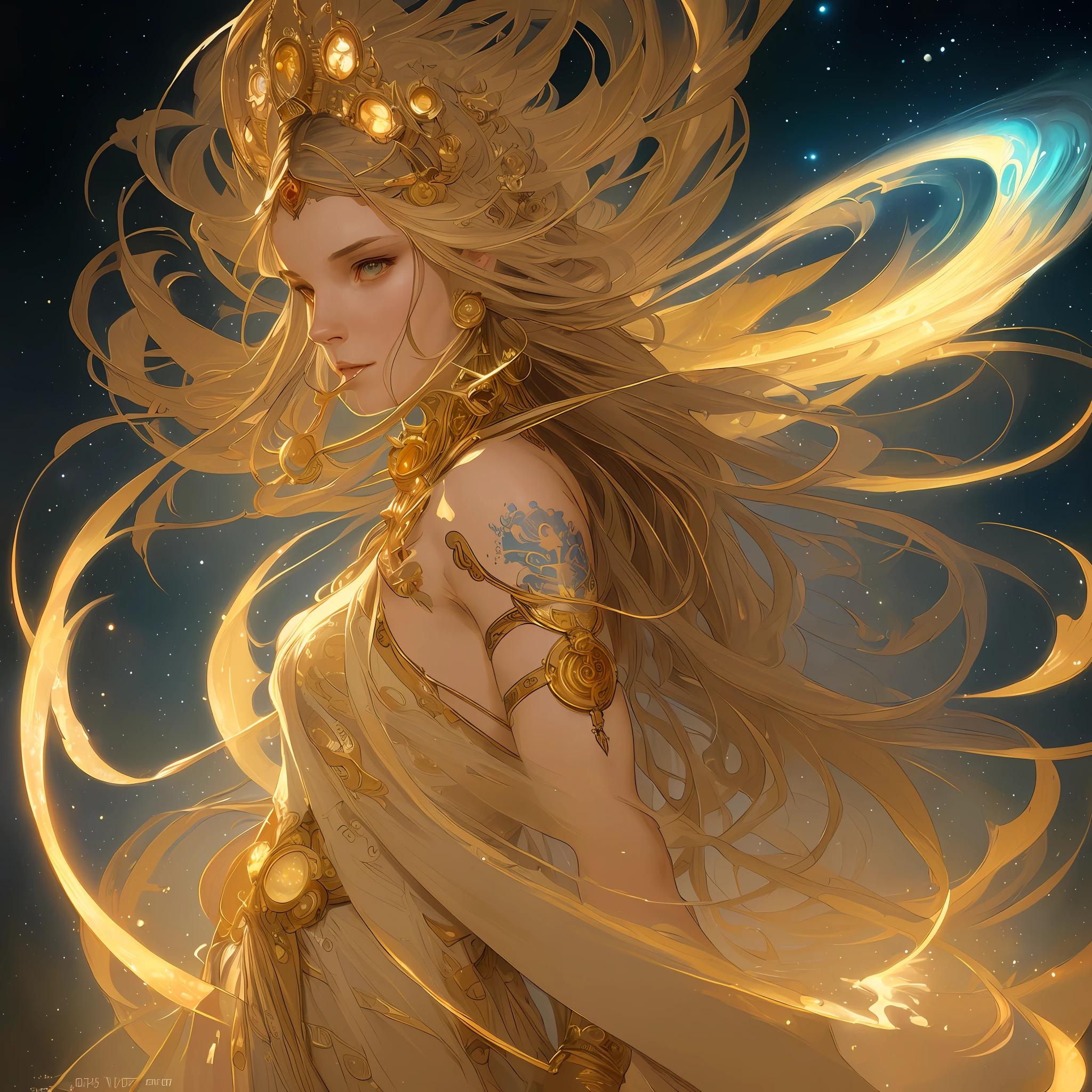 (A beautiful cinematic ornamented female sand goddess, golden dress, glow golden tattoo), (galactic Shaman with Quantum Energy fantasy), fantasy magic, long hairstyle, dark light night, intricate, ethereal, sharp focus, illustration, highly detailed, digital painting, concept art, matte, (art by WLOP), (by Justin Gerard and Jason Edmiston: 1.5), (by Greg Rutkowski: 0.4), (by Alphonse Mucha: 0.4), masterpiece
