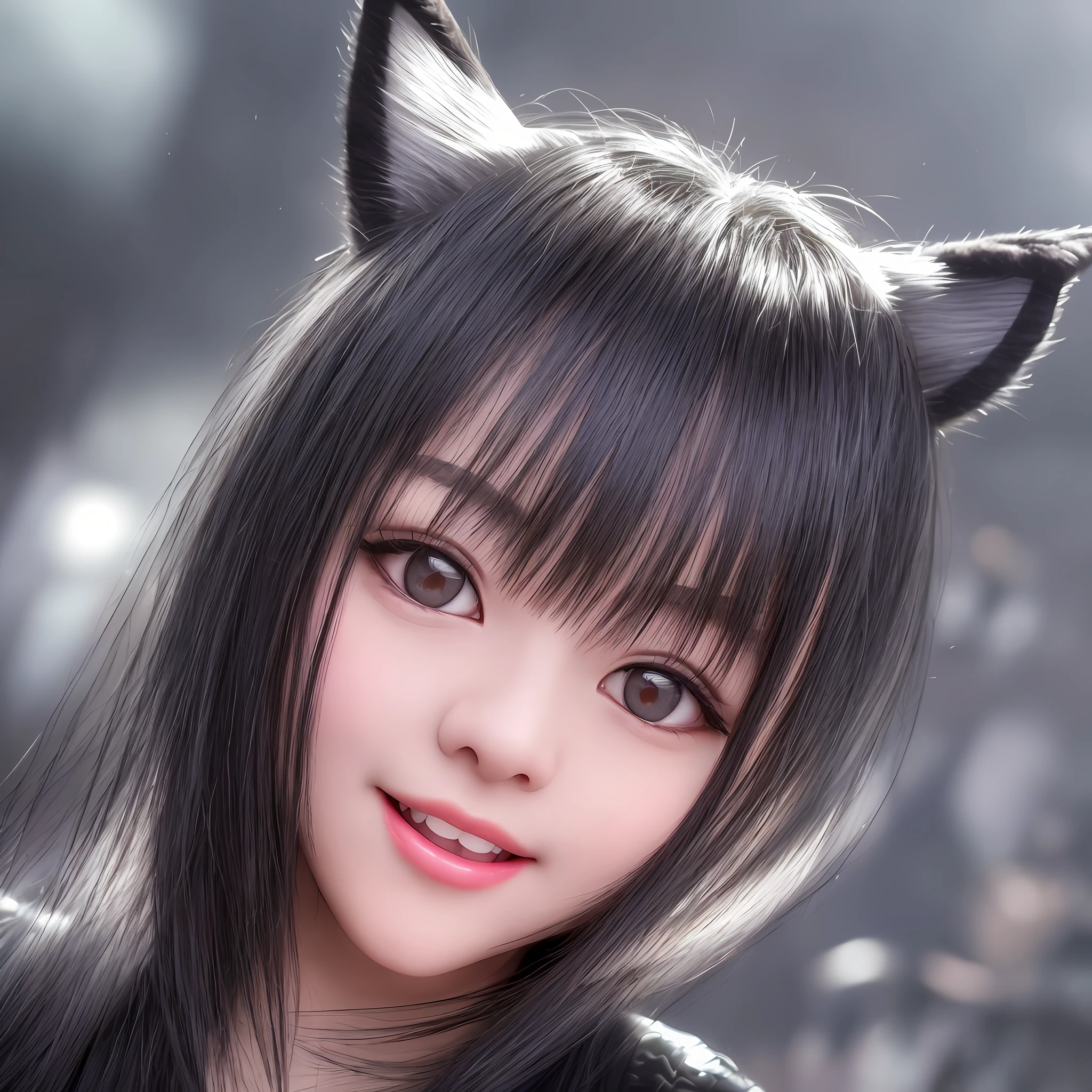 black hair, hair bobbles, wince, longeyelashes, solid circle eyes, fake animal ears, light smile, ear blush, fang, Surrealism, drop shadow, anaglyph, stereogram, tachi-e, pov, atmospheric perspective, 8k, super detail, ccurate, best quality
