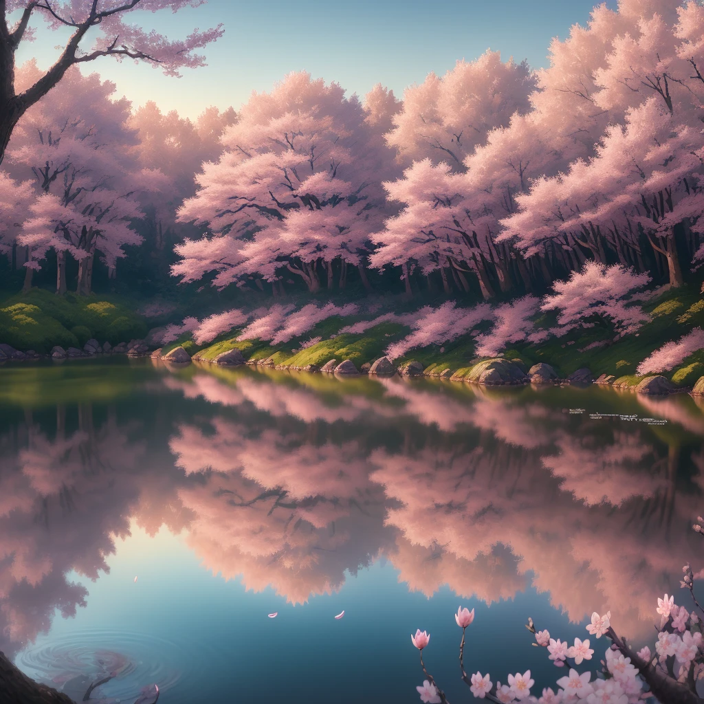 masterpiece, best quality, high quality, extremely detailed 32k wallpaper by CG unit, an enchanting front view scene of crystal clear pond in Japan, cherry blossom trees in the background, sunrise, creating a sense of mystique and enchantment, season art, intricate, trends, award winning photography, bokeh, depth of field, HDR, flower, chromatic aberration, photorealistic, extremely detailed, artstation trending, CGsociety trending, intricate, high detail, dramatic, midday art