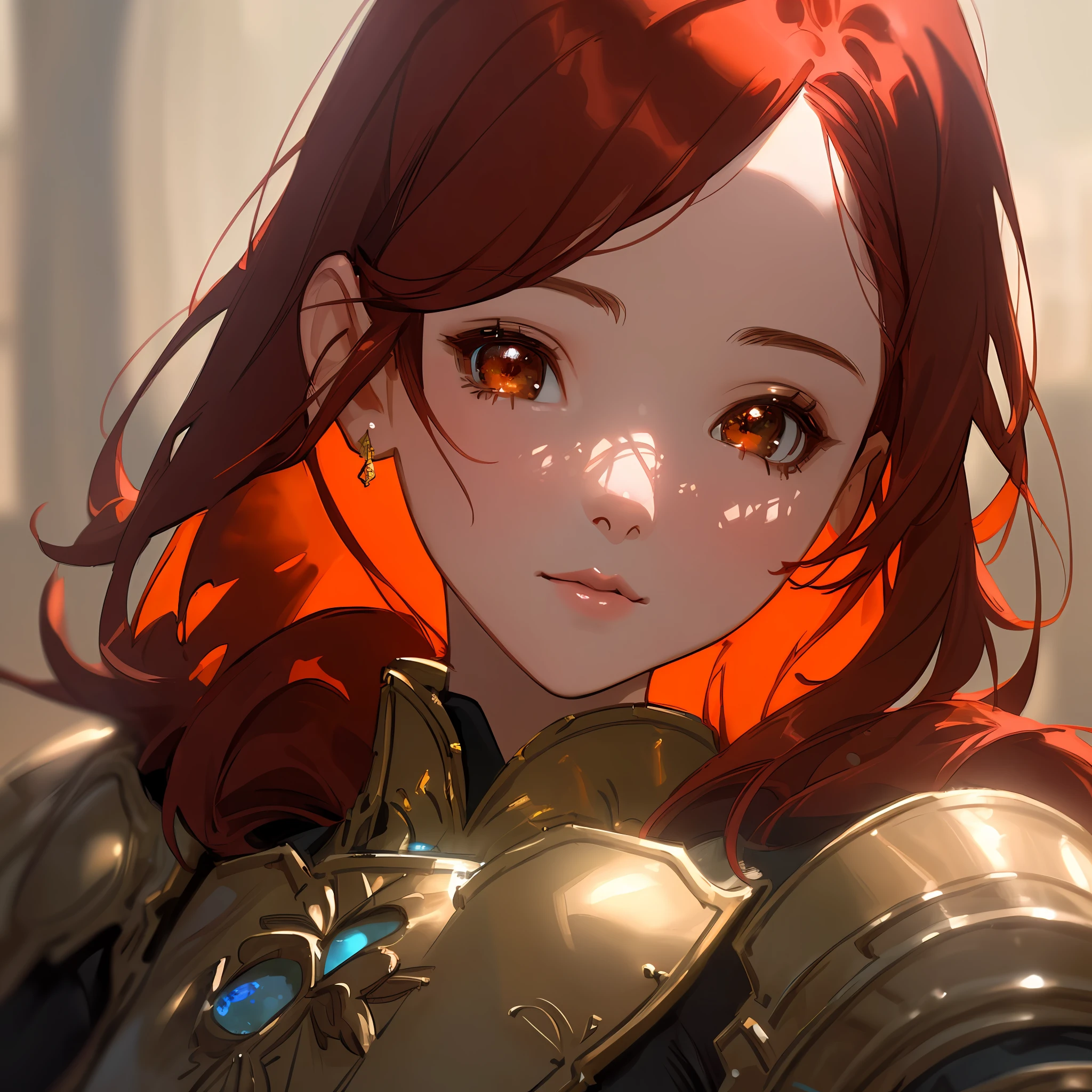 (a beautiful girl), red hair, brown eyes, (stunning armor), ultra-detailed details, close-up, portrait, (vivid colors), perfect lighting, blurred background, painting look, fantasy scene.