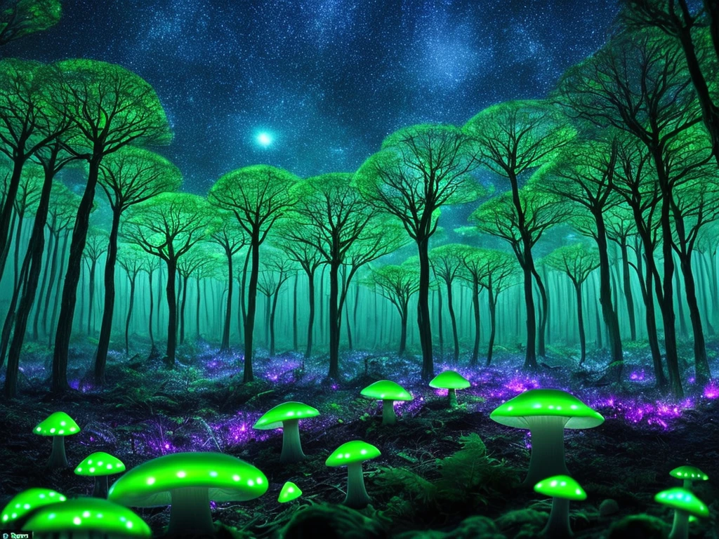 Imagine a captivating landscape on an alien planet, where a dense forest comes alive at night with fluorescent hallucinogen mushrooms, creating an otherworldly glow that illuminates the surrounding terrain in an eerie and magical manner. Envision an alien planet where a dense forest sprawls beneath a starlit sky. As darkness falls, the forest transforms into a surreal dreamscape. Luminous trees with bioluminescent leaves cast an ethereal glow, their soft light cascading down to the forest floor. It is here that fluorescent hallucinogen mushrooms burst forth, creating a carpet of radiant colors. Their intense fluorescence illuminates the alien terrain with an eerie and magical aura. The interplay of light and shadow adds depth to the scene, as the vibrant mushrooms stand out against the darker corners of the forest. The image encapsulates the enigmatic beauty of this alien landscape, where the fluorescent mushrooms serve as beacons in the night, guiding the viewer into a world of wonder