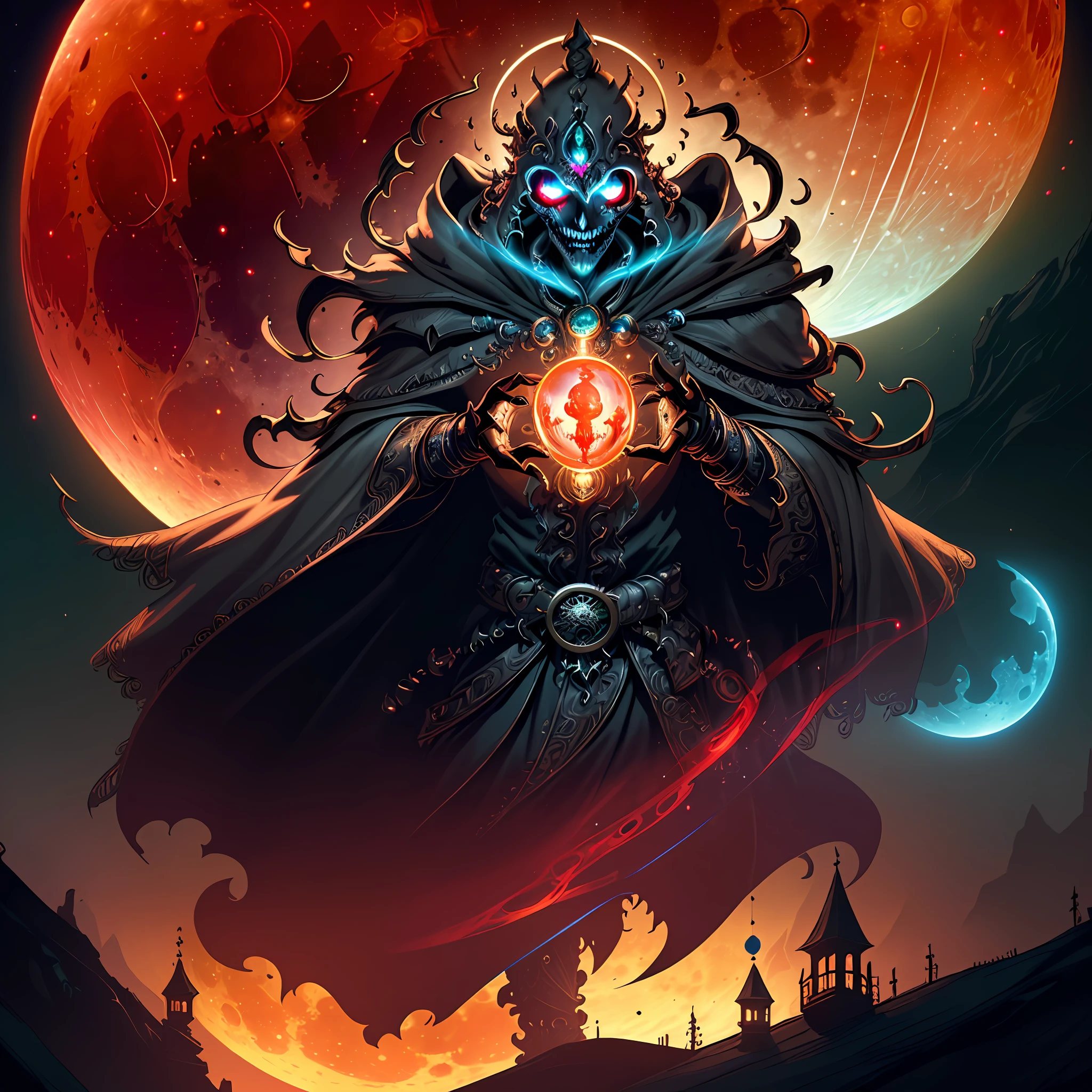 (((A jaded and plotting ancient automaton:undead lich centered in the foreground))), (((evil amusement))), ((clockwork filigree)), ((bioluminescent eyes)), (((ephemeral robes))), (((extravagant full helm))), ((corrupted bioluminescent filigree ankh necklace)), dark fantasy, dark atmosphere, graveyard, ((night)), bioluminescent bat swarm, volumetric lighting, best quality, masterpiece, intricate details, tonemapping, sharp focus, very detailed, trending on Artstation 4k, realistic, 8k, cinematic lighting, (((Full blood moon vibrantly lighting the scene))), (((wide angle shot))), ((colorful)), ((clockwork filigree face)), (((angle from above))), ((((looking at viewer)))), professional artist, {masterpiece}, {bioluminescent halo lighting from behind}, ((sinister glowing red fog)), {Full body portrait}, {Award winning illustration}