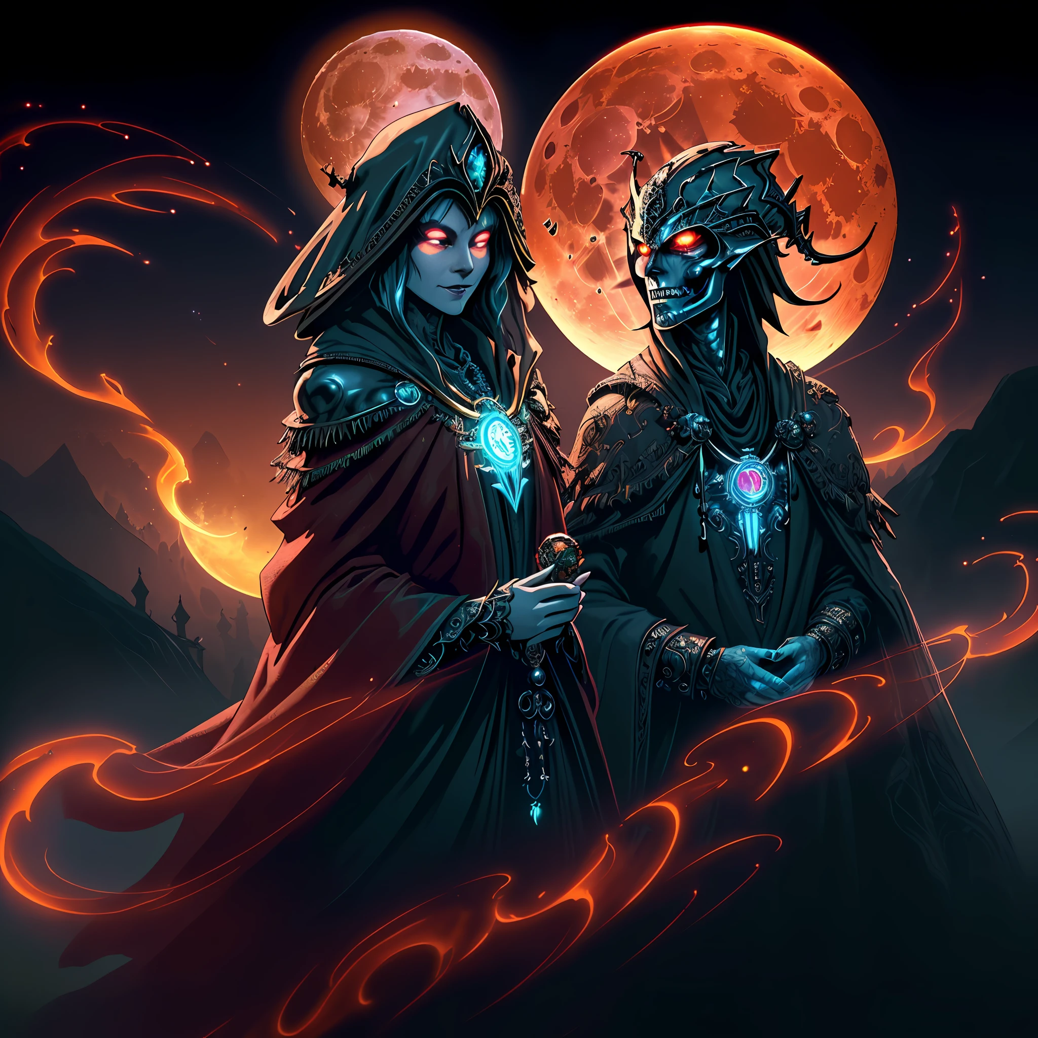 (((A jaded and plotting ancient automaton:undead lich centered in the foreground))), (((evil amusement))), ((clockwork filigree)), ((bioluminescent eyes)), (((ephemeral robes))), (((extravagant full helm))), ((corrupted bioluminescent filigree ankh necklace)), dark fantasy, dark atmosphere, graveyard, ((night)), bioluminescent bat swarm, volumetric lighting, best quality, masterpiece, intricate details, tonemapping, sharp focus, very detailed, trending on Artstation 4k, realistic, 8k, cinematic lighting, (((Full blood moon vibrantly lighting the scene))), (((wide angle shot))), ((colorful)), ((clockwork filigree face)), (((angle from above))), ((((looking at viewer)))), professional artist, {masterpiece}, {bioluminescent halo lighting from behind}, ((sinister glowing red fog)), {Full body portrait}, {Award winning illustration}