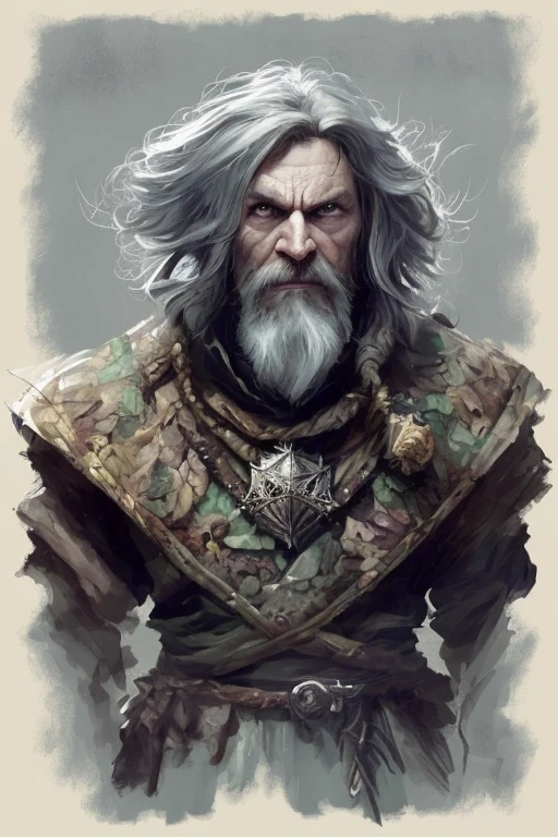 middle-aged D&D cleric, slumped in a cave alone, holding a bow and arrow, badly wounded