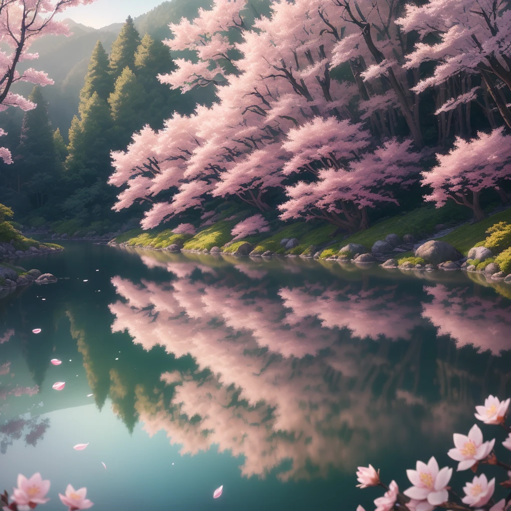 masterpiece, best quality, high quality, extremely detailed 8k wallpaper by CG unit, an enchanting front view scene of crystal clear pond in Japan, cherry blossom trees in the background, sunrise, creating a sense of mystique and enchantment, season art, intricate, trends, award winning photography, bokeh, depth of field, HDR, flower, chromatic aberration, photorealistic, extremely detailed, artstation trending, CGsociety trending, intricate, high detail, dramatic, midday art