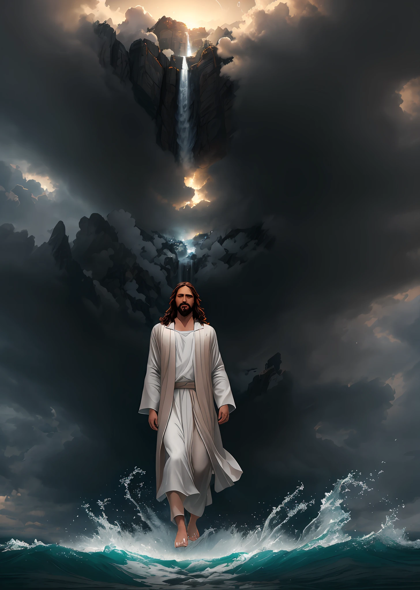 jesus walking on water in a storm, masterpiece, best quality, high quality, extremely detailed CG unit 8k wallpaper, award winning photography, Bokeh, Depth of Field, HDR, bloom, Chromatic aberration, photorealistic, extremely detailed, trending on artstation, trending on CGsociety, intricate, high detail, dramatic, mid-journey art, volumetric lighting