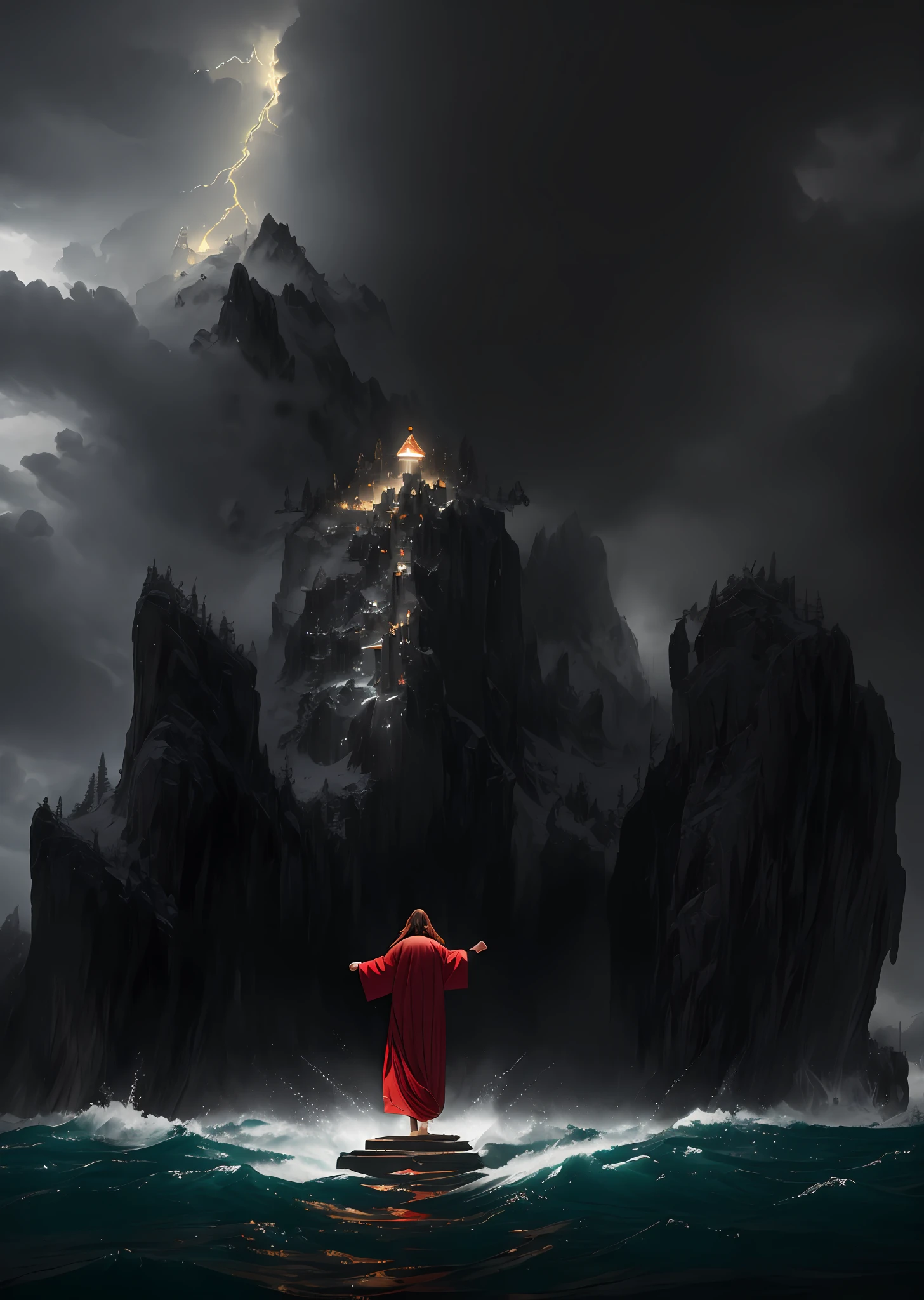 jesus walking on water in a storm, masterpiece, best quality, high quality, extremely detailed CG unit 8k wallpaper, award winning photography, Bokeh, Depth of Field, HDR, bloom, Chromatic aberration, photorealistic, extremely detailed, trending on artstation, trending on CGsociety, intricate, high detail, dramatic, mid-journey art, volumetric lighting