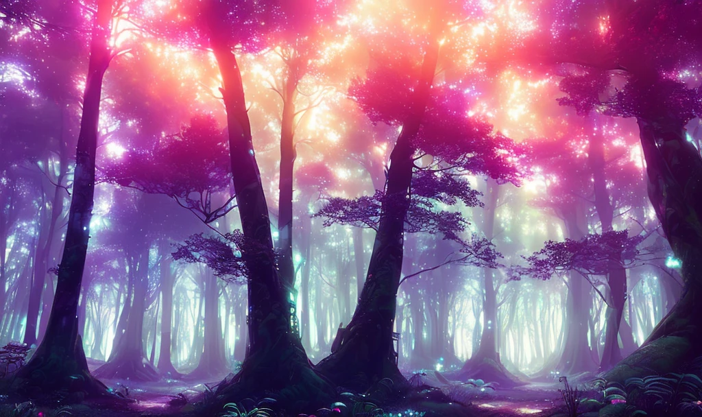 A gorgeous enchanted forest, sunset, spectacular, breathtaking, gorgeous, beautiful, (lndskp style) and (redshift style: 1.2) and (nvinkpunk: 1.2)