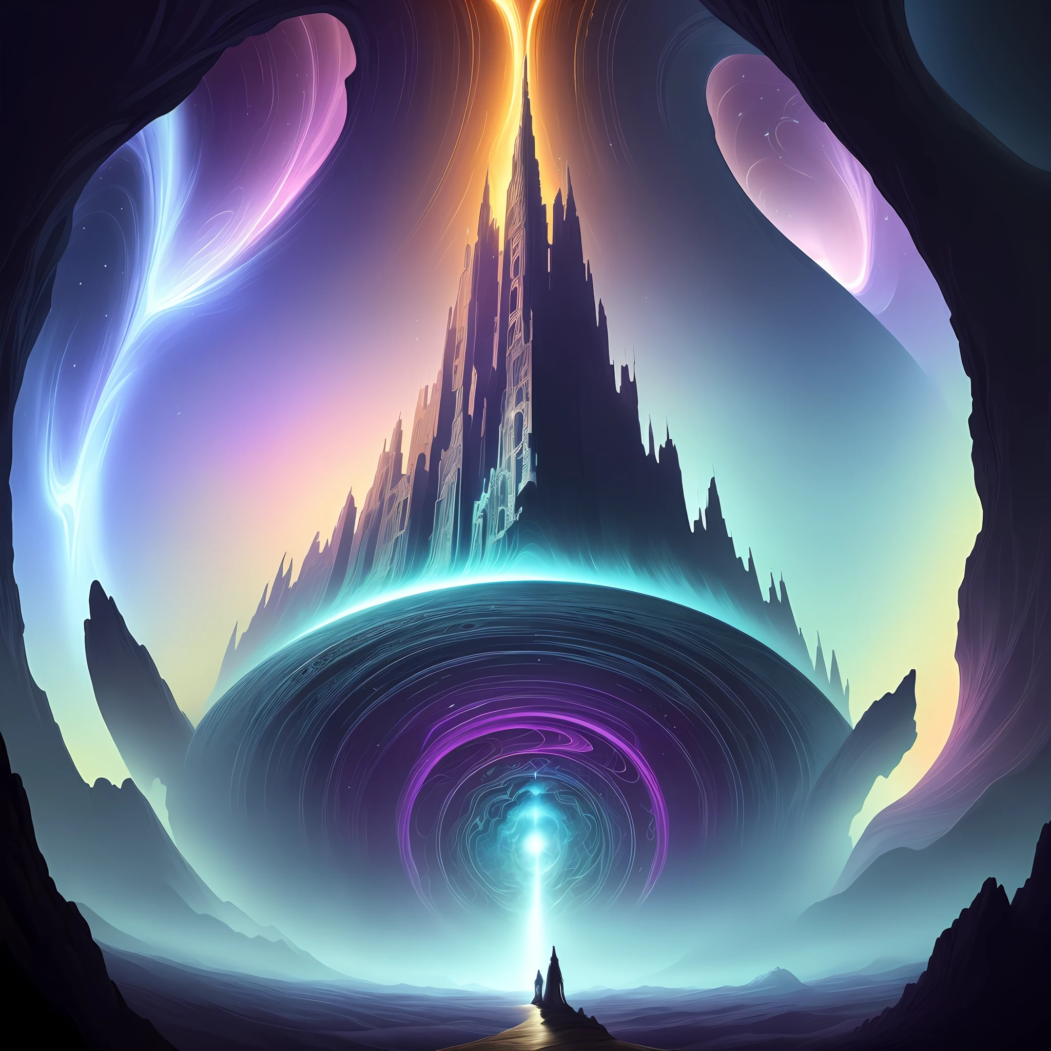 Create a mind-bending masterpiece. The artwork should be wildly imaginative and visually stunning, with bold linework and electric colors that pop off the page. The composition should be multidimensional shading and subtle coloring that create a dreamy, otherworldly atmosphere. The landscape should be surreal and fantastical, with intricate patterns and surreal twists that make the viewer question reality. The overall effect should be thought-provoking and engaging, with a captivating narrative that takes the viewer on a journey into a fantastical realm of the imagination. 64k resolution.
