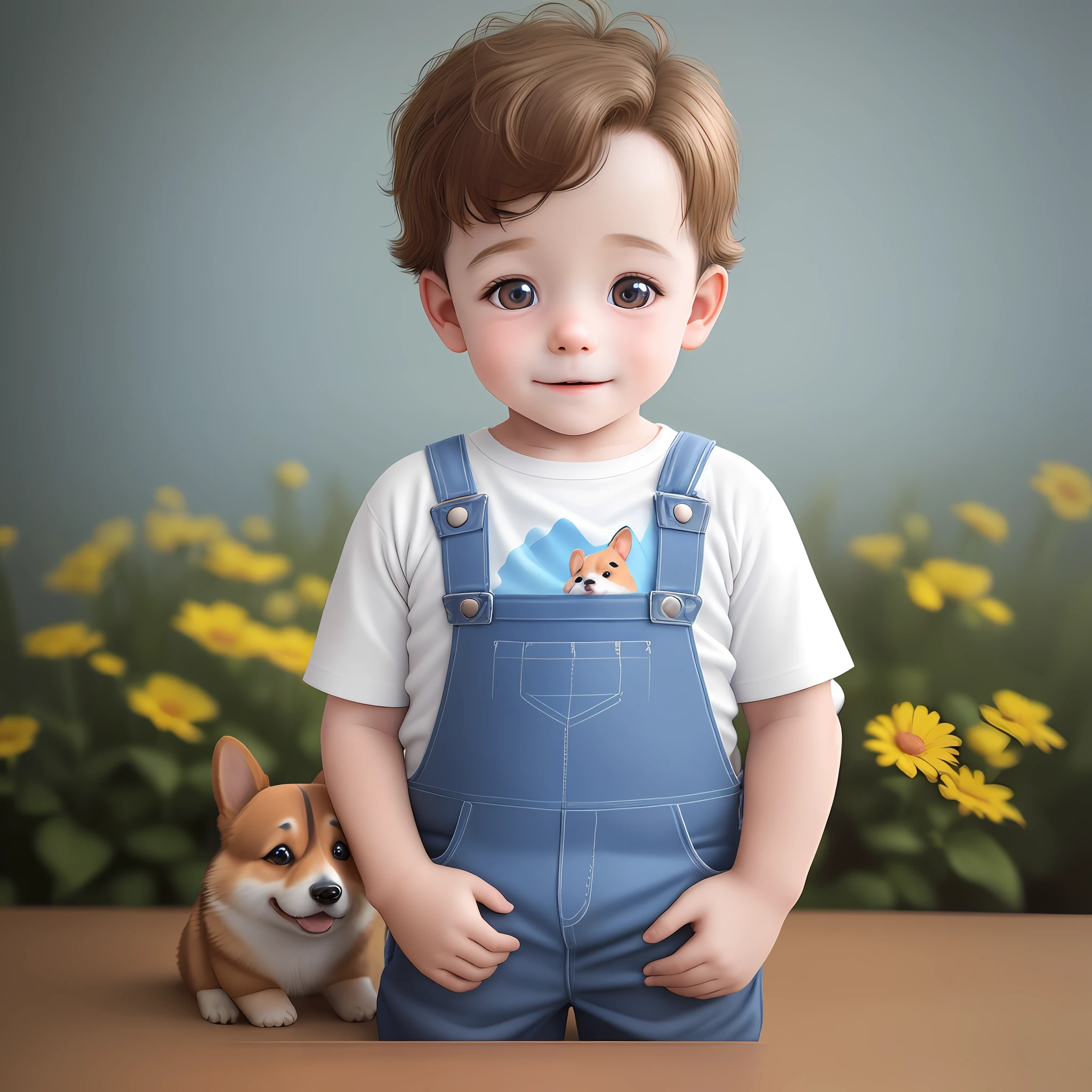 A 3--old holding a corgi dog, wearing blue overalls, the picture is very warm and healing, with realistic details, solid color background, 3D rendering, cute Q version, super details, realistic, photography, ultra-high definition