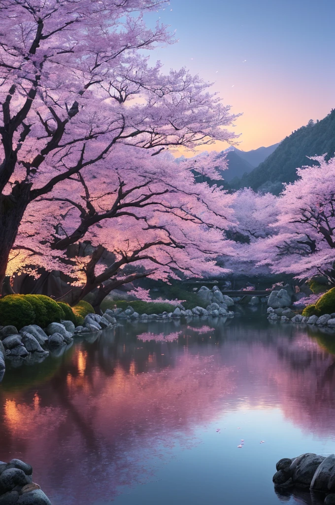 masterpiece, best quality, high quality, extremely detailed 32k wallpaper by CG unit, an enchanting front view scene of crystal clear pond in Japan, cherry blossom trees in the background, sunrise, creating a sense of mystique and enchantment, season art, intricate, trends, award winning photography, bokeh, depth of field, HDR, flower, chromatic aberration, photorealistic, extremely detailed, artstation trending, CGsociety trending, intricate, high detail, dramatic, midday art