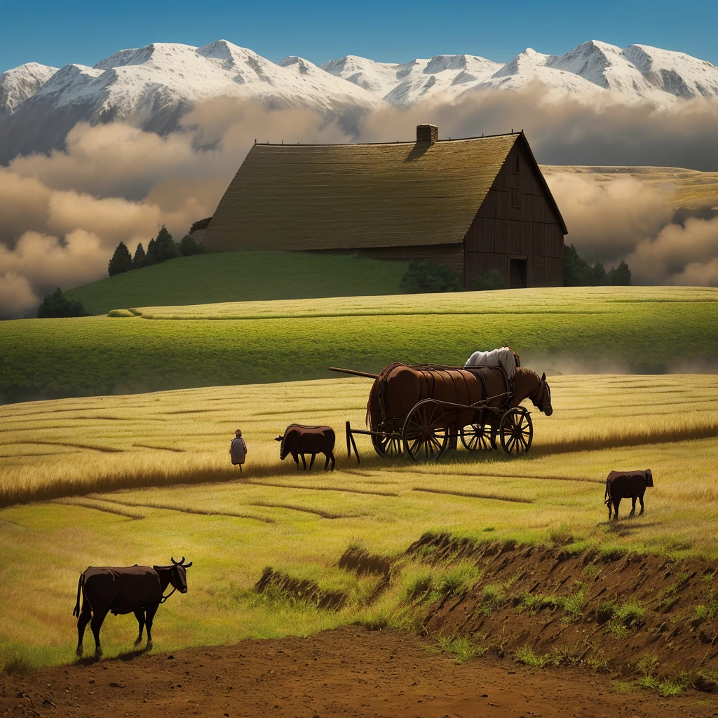 Ancient farming, cattle, plow and rake