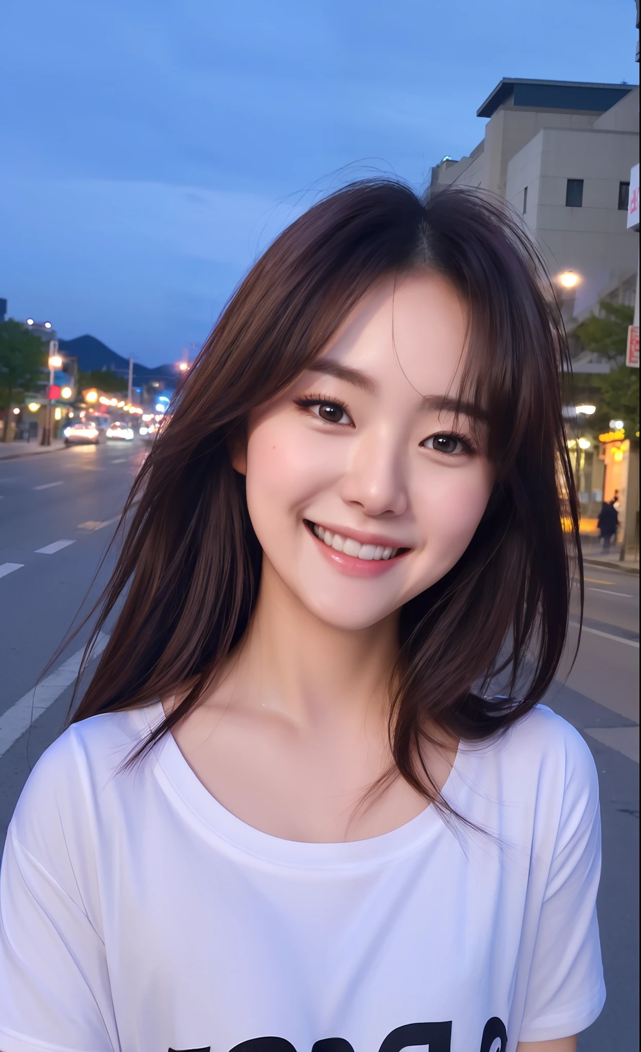 Realistic photo of (1cute Korean actress), t-shirt, at the street, smiling, night view backdrop, Canon EOS, clear facial features, close up portrait, cinematic mode, 8K