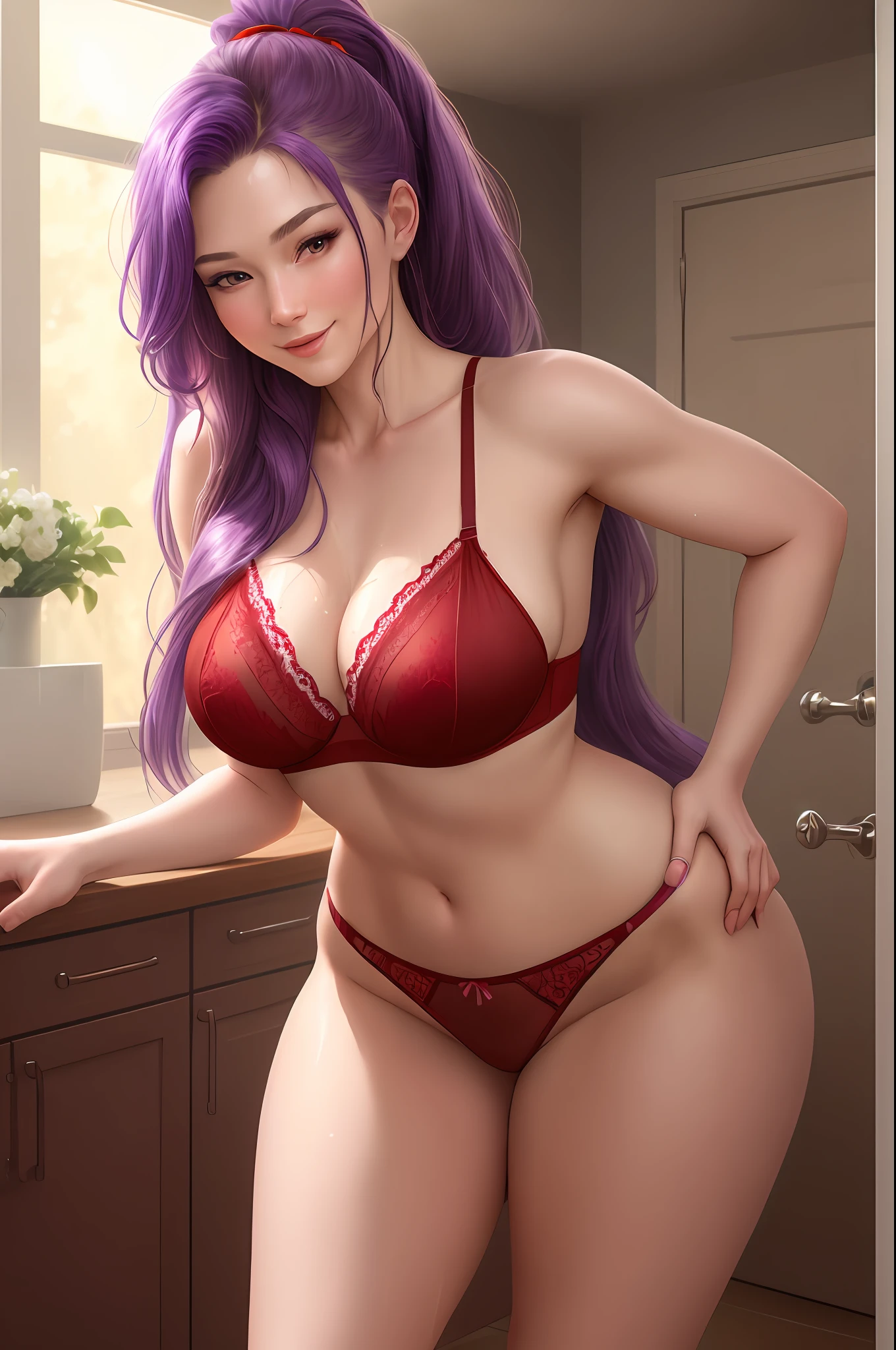 A beautiful woman with western appearance, ultra realistic, big and pointed breasts, thin waist, long purple hair with ponytail, slender, a beauty, violet colored eyes, coming out of the shower all wet and wearing a red lace bra semi transparent, she is bending over while lowering her red lace panties, bathroom door, standing, bedroom, teasing look and smile, kitchen, naughty, provocative pose, (realistic and detailed photo, best quality, a masterpiece, 8K , vibrant colors, hyper detailed) realistic style