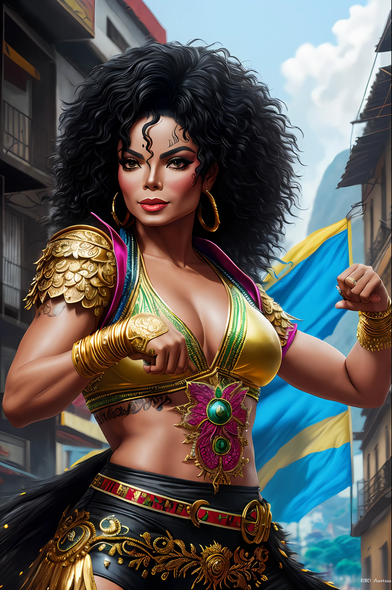 Michael Jackson, dressed as brazilian people dancing, fighter, brazilian city background, epic Instagram, artstation, contour, hyperdetailed intricately detailed , unreal engine, fantastical, intricate detail, splash screen, fantasy concept art, 8k resolution, deviantart masterpiece, oil painting, heavy strokes