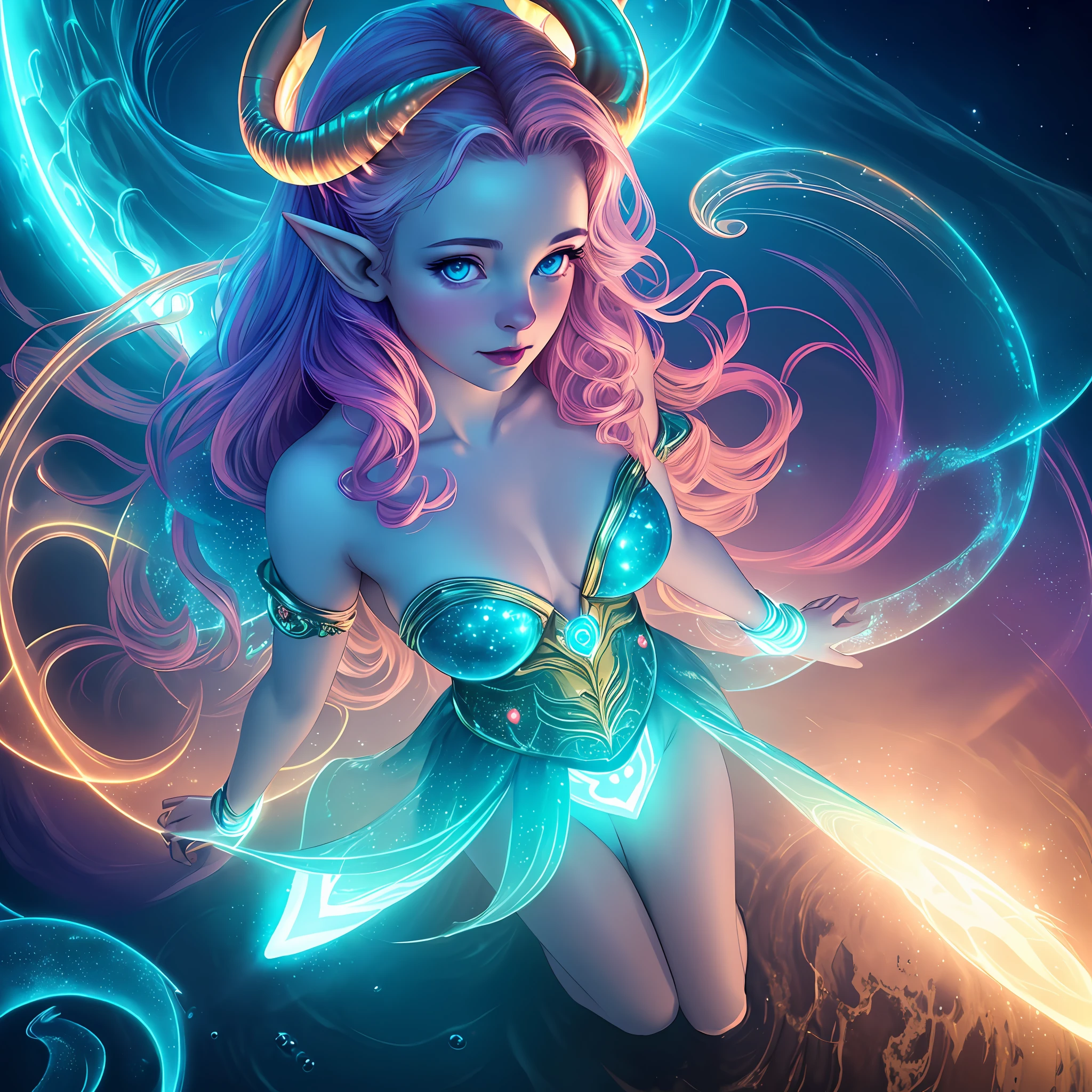((best quality)), ((masterpiece)), ((realistic)), full body portrait, lillith, 1girl, celestial, deity, {teifling goddess}, light particles, halo, looking at viewer, (bioluminescent:0.95) ocean, bioluminescent, vibrant, colourful, color, (glowing, glow), (beautiful composition), cinematic lighting, intricate, (symmetrical:0.5), whimsical, {fisheye lens}, ((angle from above))