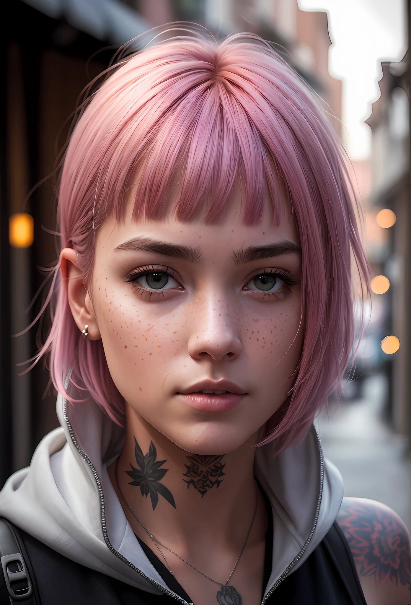 women, hoodie, portrait, asymmetrical bangs, bandaid, short hair, bangs, breasts, freckles, grey eyes, large breasts, looking at viewer, neck tattoo, nose piercing, pink hair, solo, tattoo on face, upper body, detailed background, town, alley,, photorealistic, photo, masterpiece, realistic, realism, photorealism, high contrast, photorealistic digital art trending on Artstation 8k HD high definition detailed realistic, detailed, skin texture, hyper detailed, realistic skin texture, armature, best quality, ultra high res, (photorealistic:1.4),, high resolution, detailed, raw photo, sharp re, by lee jeffries nikon d850 film stock photograph 4 kodak portra 400 camera f1.6 lens rich colors hyper realistic lifelike texture dramatic lighting unrealengine trending on artstation cinestill 800,