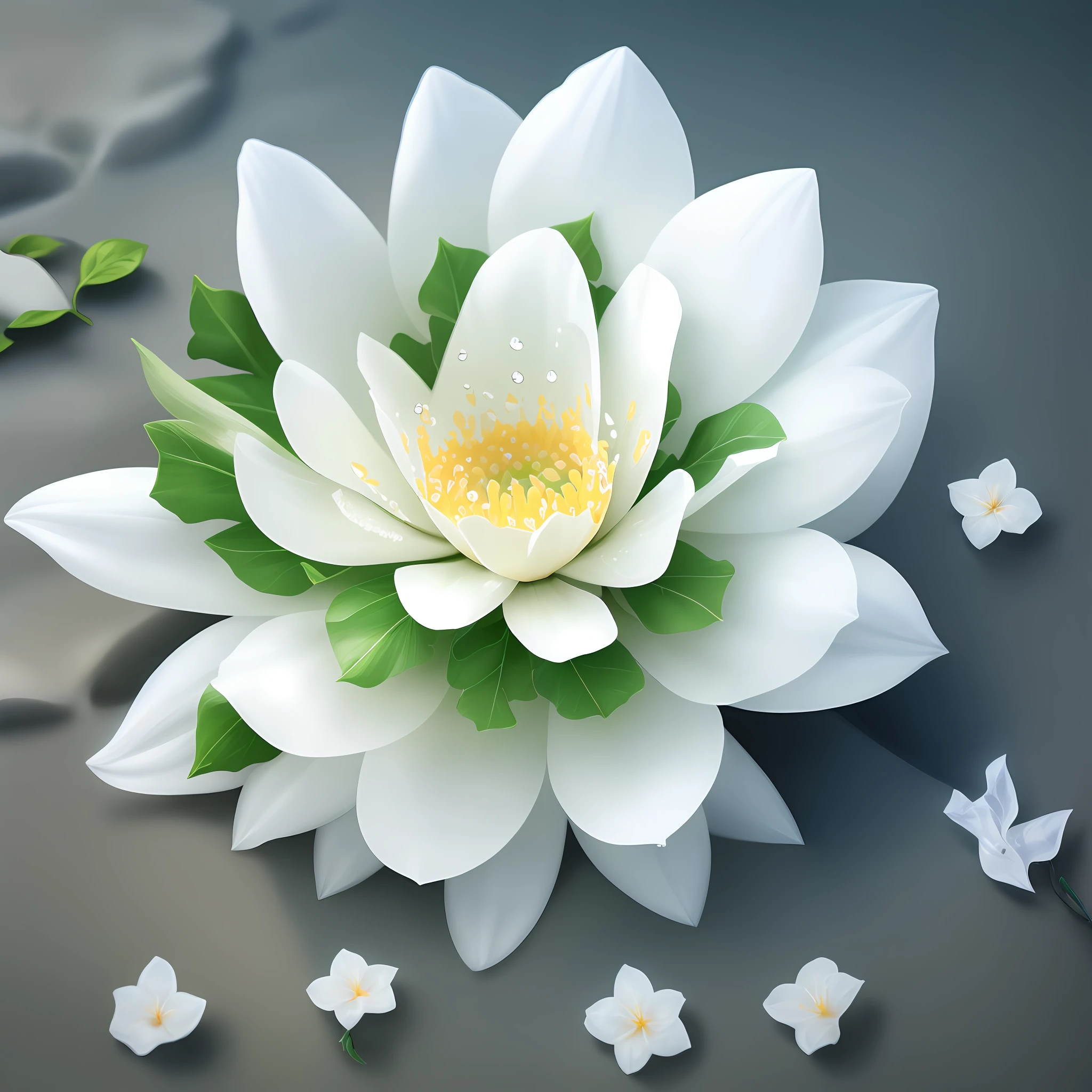 A white flower, transparent petals, as deep as sea water, crystal clear + dewdrops, 8K, HD, ivy, flowers, tropical plants