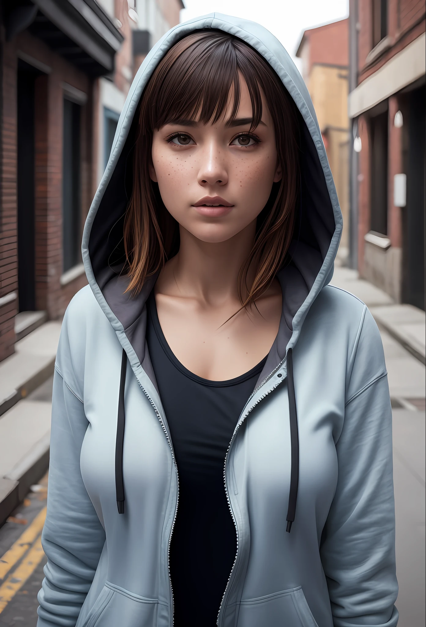 women, hoodie, portrait, asymmetrical bangs, bandaid, short hair, bangs, breasts, freckles, grey eyes, large breasts, looking at viewer, brown hair, upper body, detailed background, town, alley,, photorealistic, photo, masterpiece, realistic, realism, photorealism, high contrast, photorealistic digital art trending on Artstation 8k HD high definition detailed realistic, detailed, skin texture, hyper detailed, realistic skin texture, armature, best quality, ultra high res, (photorealistic:1.4),, high resolution, detailed, raw photo, sharp re, by lee jeffries nikon d850 film stock photograph 4 kodak portra 400 camera f1.6 lens rich colors hyper realistic lifelike texture dramatic lighting unrealengine trending on artstation cinestill 800,