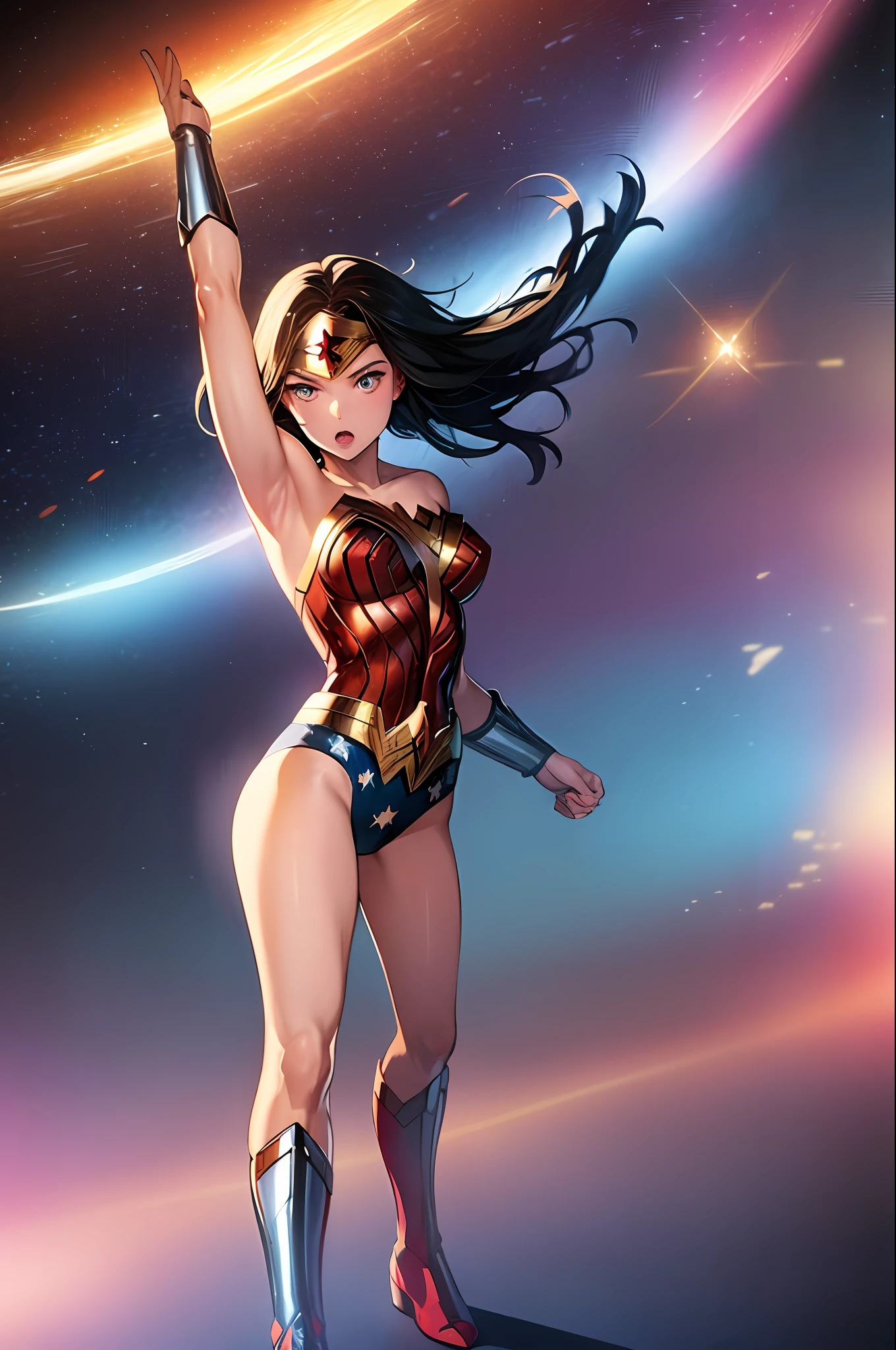masterpiece, best quality, 1girl, wonder woman, solo, leotard, boots, superhero, spin, twirl, space, space backdrop, tornado spin, wind paticles, light particles, stand,
