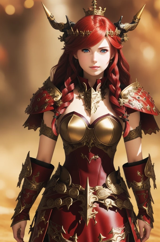 (masterpiece:1.2), (best quality:1.2), perfect eyes, perfect face, perfect lighting, 1girl, mature female on a battlefield, absurdly long red hair, crown braid, war_glam, armor, leather skirt, scars, fantasy, detailed background