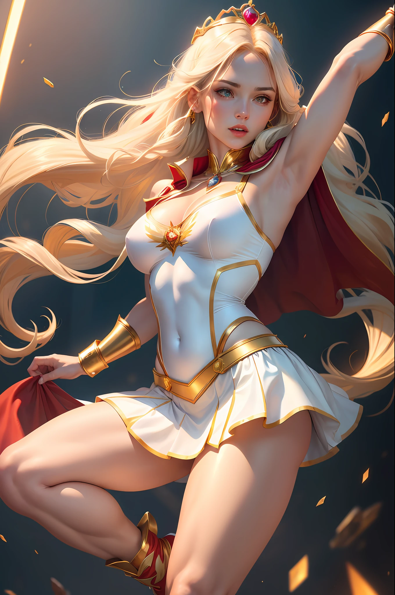 fitness woman, white short skirt, short red cape, long golden boots. golden bracelets, white suspender with golden flower and blue ruby stone, golden bow on the neck, realistic 8 k, long hair, tiara, tiara, aqua eyes, cinematic lighting, masterpiece