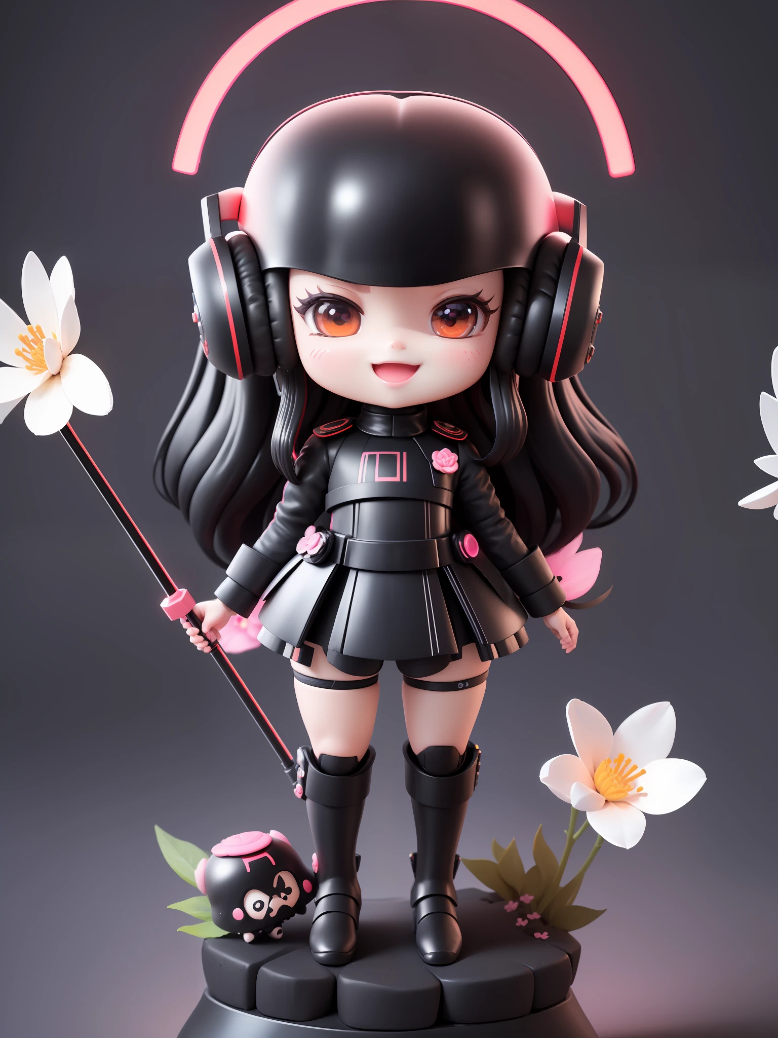 (masterpiece),(best quality),(ultra detailed),(full body: 1.2), 1darth vader,chibi,cute,smile,open mouth,flower,outdoor,black suit,Jedi,holding saber light, futuristic ship, :3, neon lights, red headwear, blurry, headphones, black hair, pink flower, (detailed black helmet), (detailed uniform),