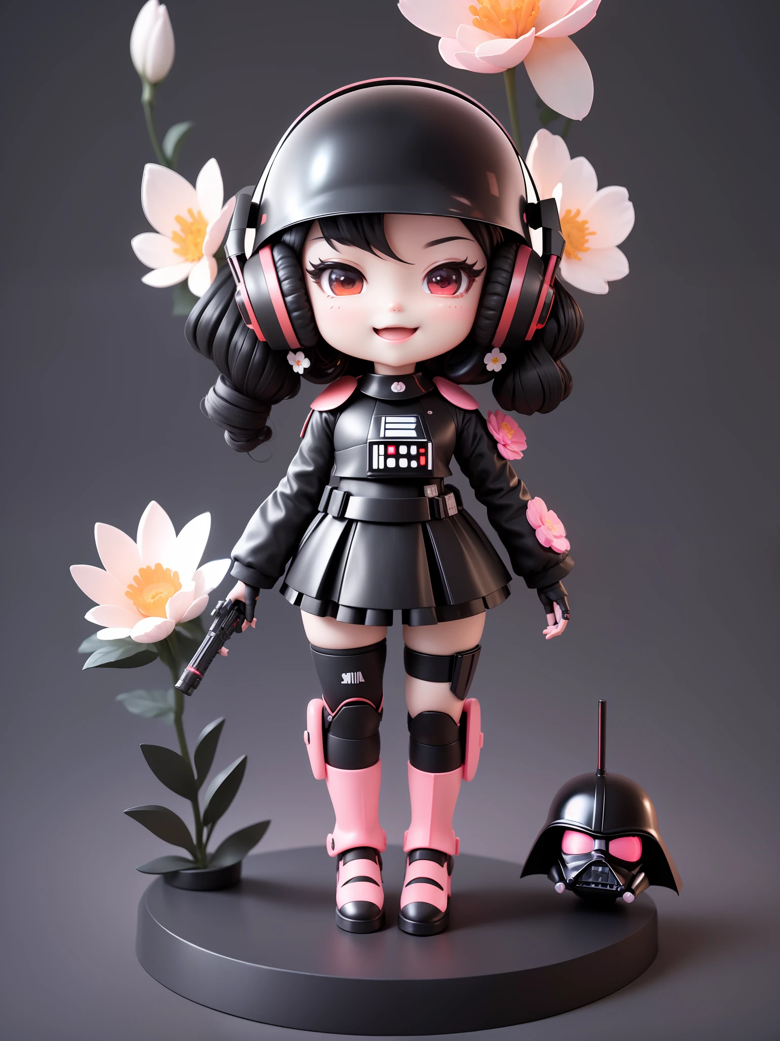 (masterpiece),(best quality),(ultra detailed),(full body: 1.2), 1darth vader,chibi,cute,smile,open mouth,flower,outdoor,black suit,Jedi,holding saber light, futuristic ship, :3, neon lights, red headwear, blurry, headphones, black hair, pink flower, (detailed black helmet), (detailed uniform),