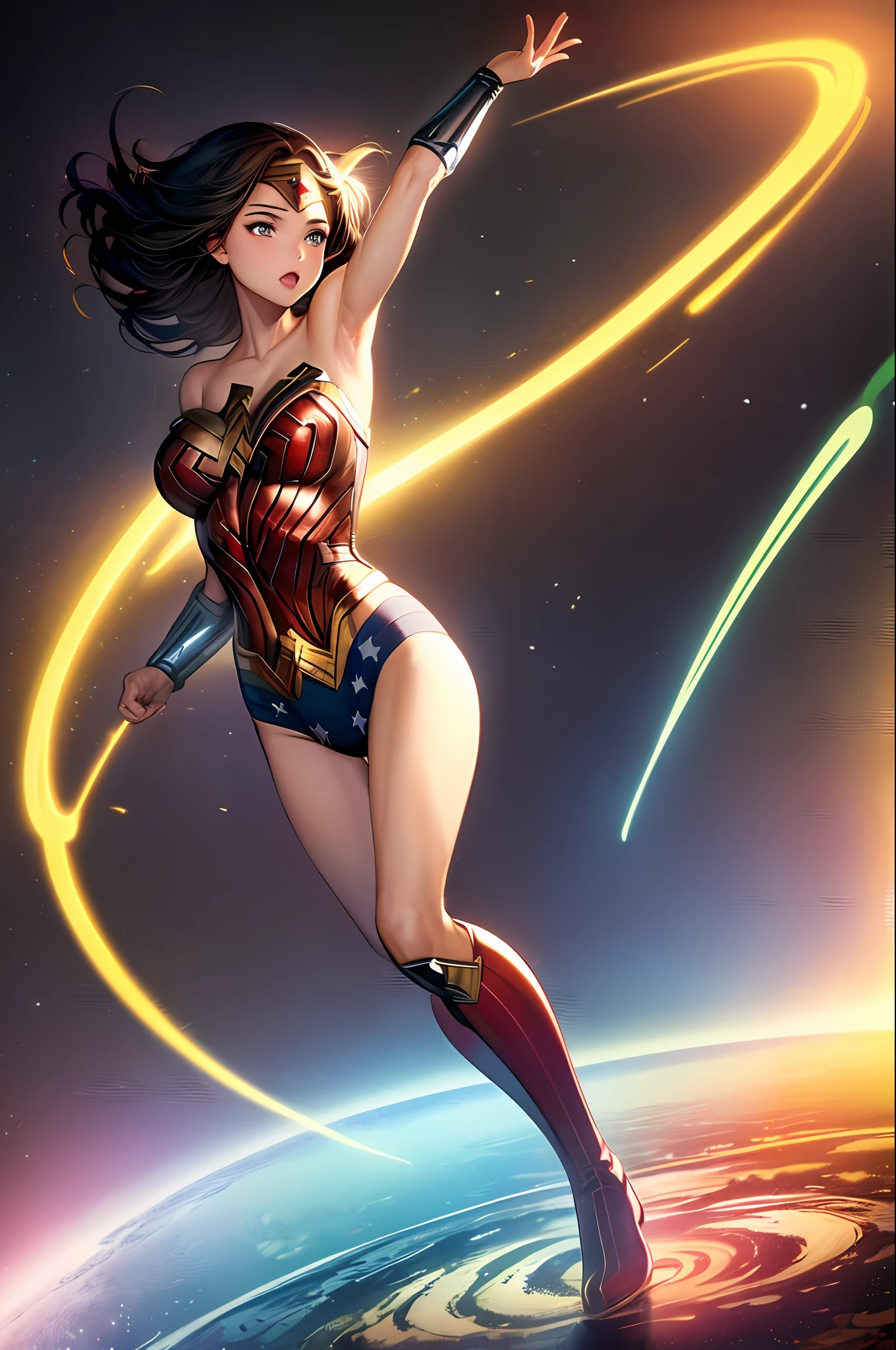 masterpiece, best quality, 1girl, wonder woman, solo, leotard, boots, superhero, spin, twirl, space, space backdrop, tornado spin, wind paticles, light particles, stand, swirls,