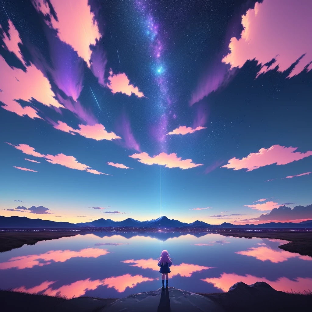 Shooting a painting of shooting stars over the lake, there are two shooting stars, pink and blue shooting stars. The blue sky, the pink-purple lake surface, has a layered color transition. You name it movie style, anime backgrounds, anime movie backgrounds, perfect reflection effects, anime sky, amazing wallpapers, vibrant colors, vibrant colors, bright colors. You name it, colorful anime movie backgrounds, anime clouds, no houses, no buildings, no humans. There are no ships. Beautiful anime scenes, anime background art, cosmic sky. Author: Makoto Shinkai, ufotable art style, anime beautiful peaceful scenes, atmospheric anime