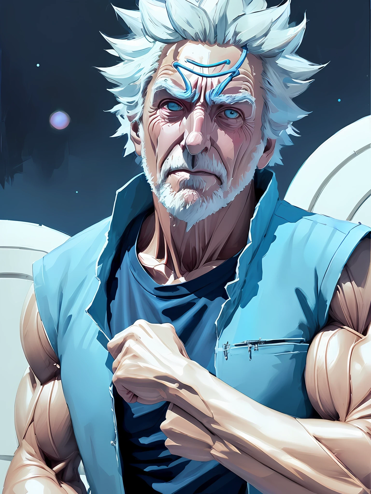 (Rick Sanchez portrait), old man, rick and morty universe, ((wearing scientist's white coat, blue t-shirt)), (muscle:1.8), blue portal Atey Ghailan, by Jeremy Mann, Greg Manchess, Antonio Moro, trending on ArtStation, trending on CGSociety, intricate, high detail, sharp, dramatic, realistic painting art by midjourney and greg rutkowski, background bokeh