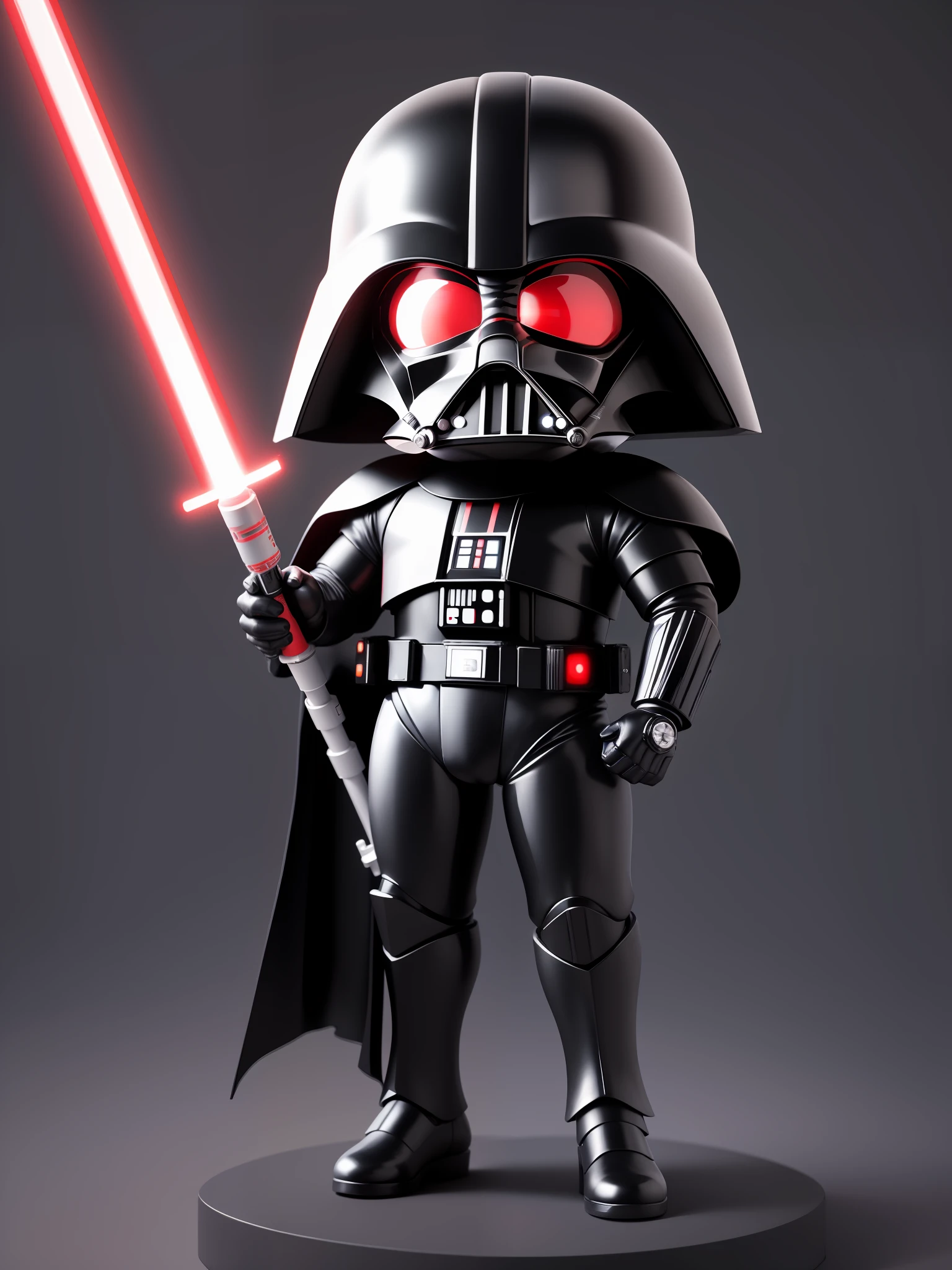 (masterpiece),(best quality),(ultra detailed), (full body: 1.2), 1darth vader,chibi, black suit, Jedi, holding lightsaber, futuristic ship, :3, neon lights, blurry , red lightsaber, (detailed black helmet), (detailed uniform),