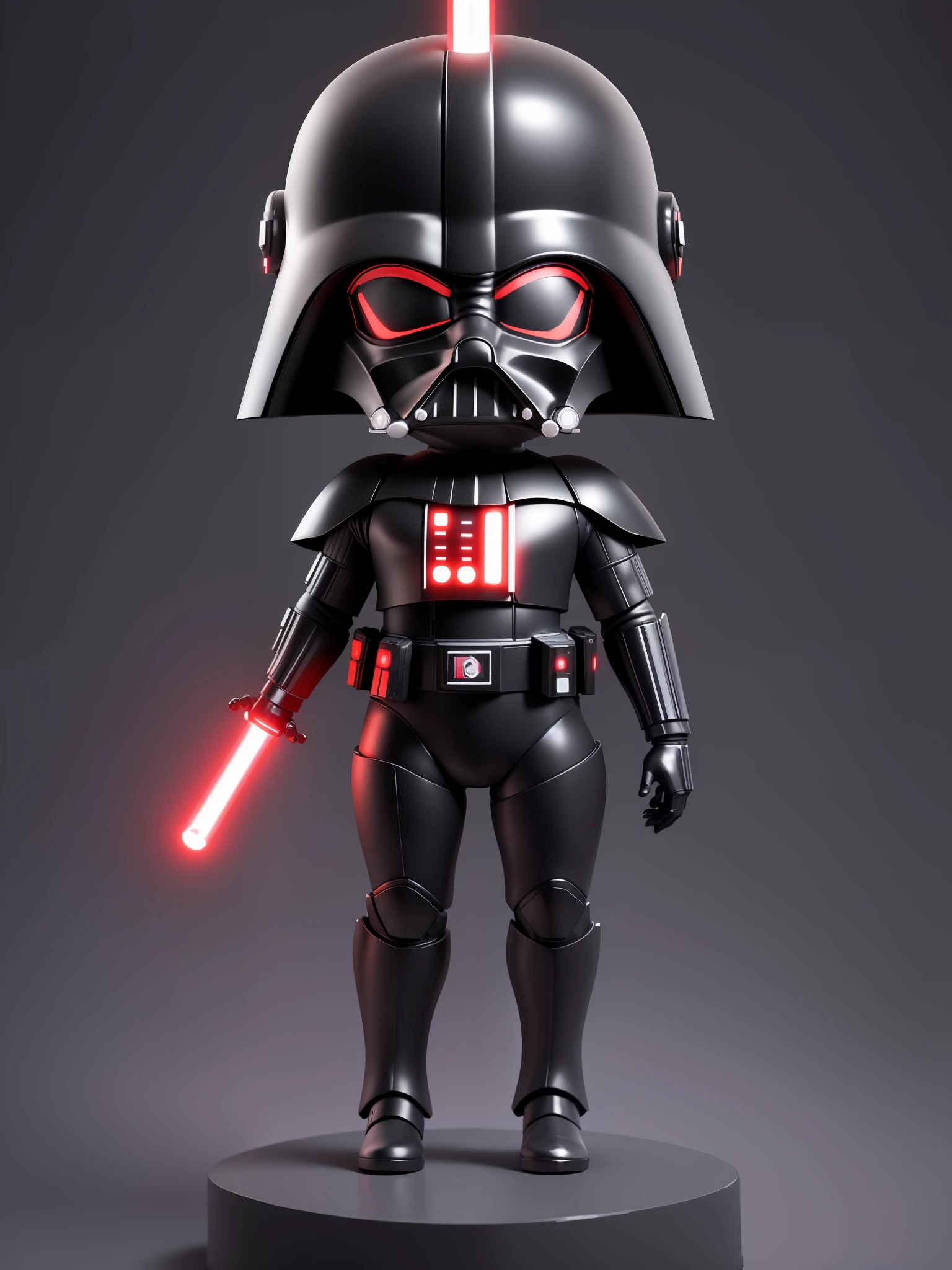 (masterpiece),(best quality),(ultra detailed), (full body: 1.2), 1darth vader,chibi, black suit, Jedi, holding lightsaber, futuristic ship, :3, neon lights, blurry , red lightsaber, (detailed black helmet), (detailed uniform),