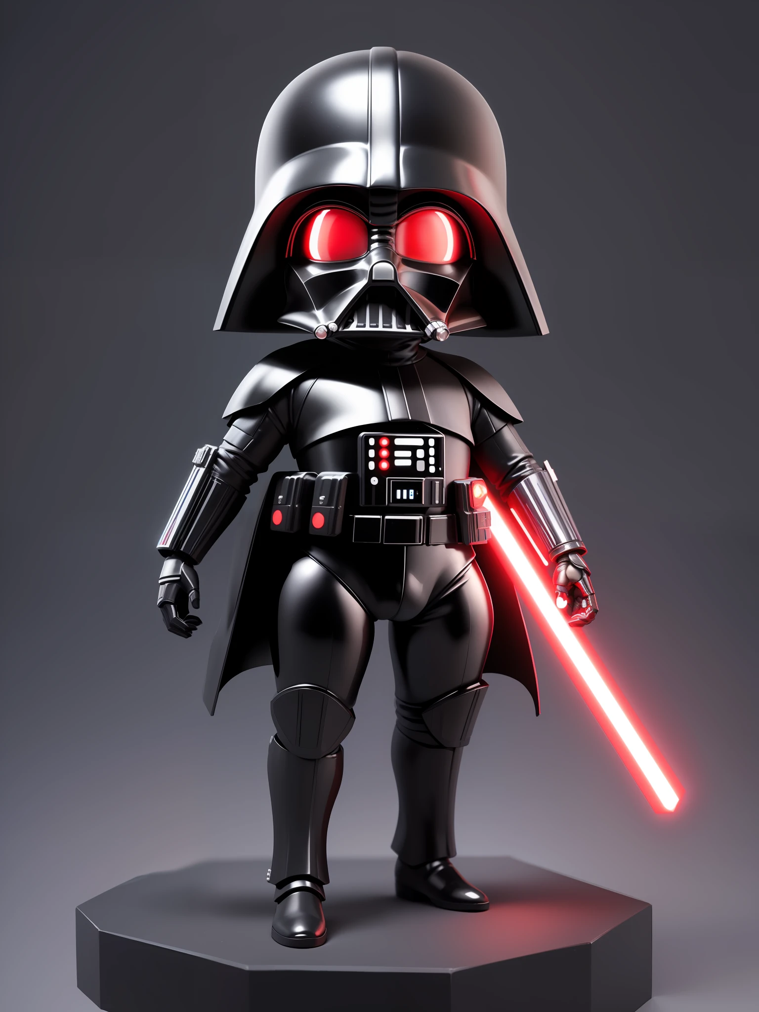(masterpiece),(best quality),(ultra detailed), (full body: 1.2), 1darth vader,chibi, black suit, Jedi, holding lightsaber, futuristic ship, :3, neon lights, blurry , red lightsaber, (detailed black helmet), (detailed uniform),