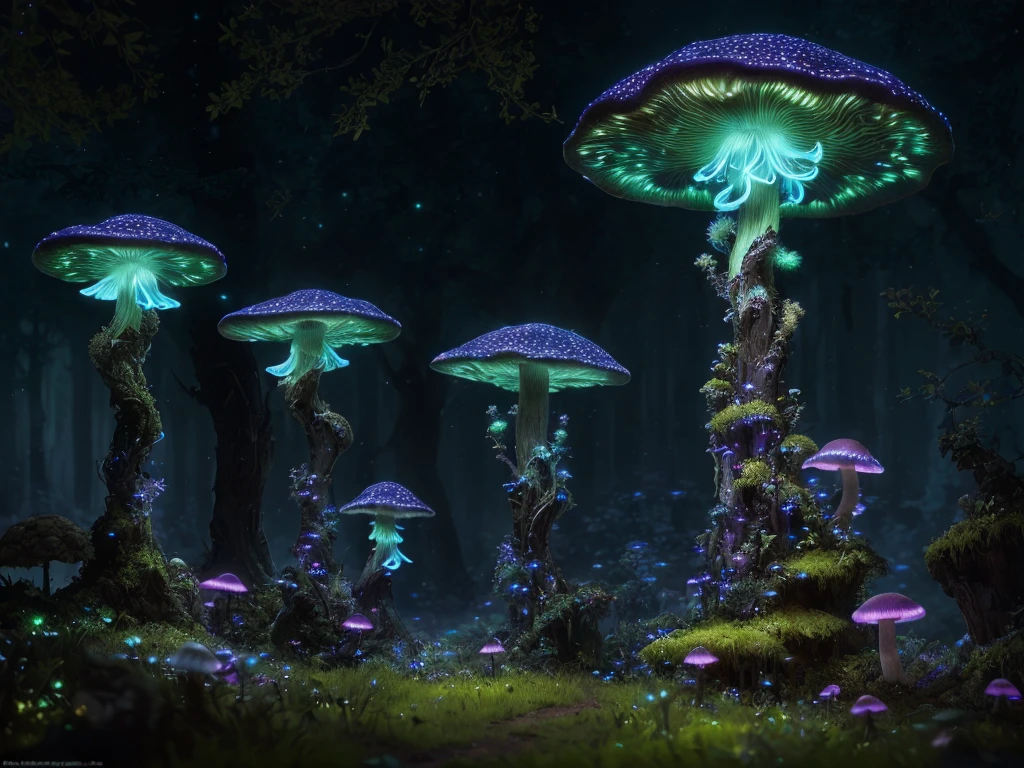 (highly detailed:1.2),(best quality:1.2),8k,sharp focus,(subsurface scattering:1.1)
(glowing magic bioluminescent mushrooms:1.2),psychadelic magic particles inthe air, (neon bioluminescent mushroom forest at night:1.2), (magical fireflies:1.2)
(very detailed trees and rocks and moss:1.2), (highly detailed background:1.3), RPG, Elden Ring style, (fantasy:1.3),(hyperrealistic:1.2), cinematic lighting, highly detailed, artstation,smooth, sharp focus, artgerm, greg rutkowski, alphonse mucha, editor's pickup, trending on artstation, trending on deviantart, wlop