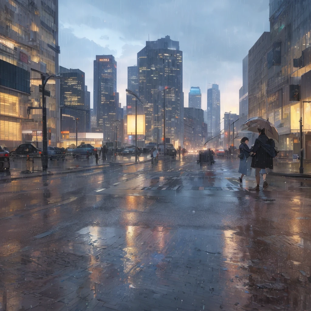 pedestrians walk through a city street in the rain at night, rainy day. game render, gloomy weather. hyperrealistic, octane render. by makoto shinkai, photorealistic cinematic render, detailed cinematic render, hyperrealistic concept art, city street cinematic lighting, photorealistic streetscape, highly realistic concept art, 4k concept art and hyper realism