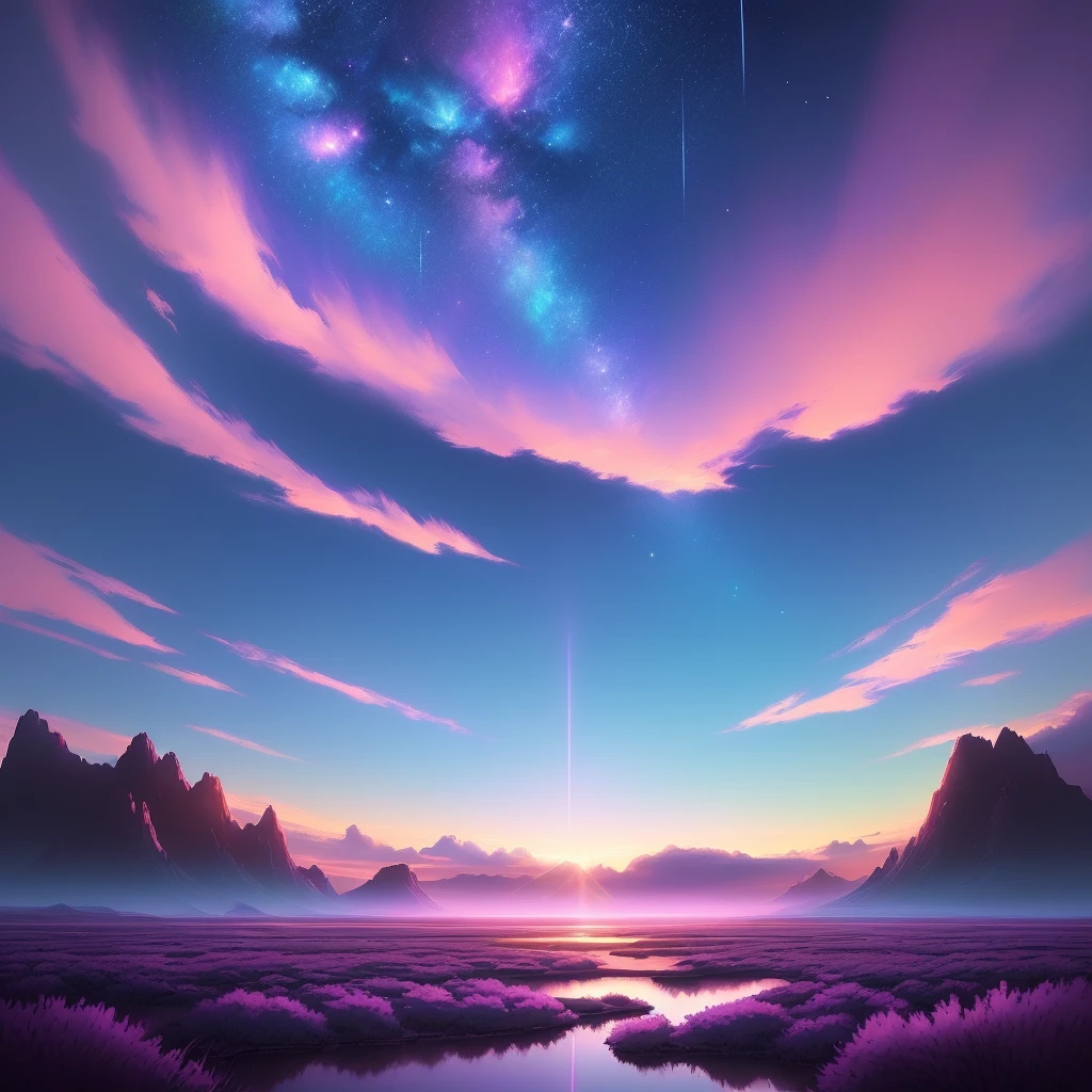 Shooting a painting with soft colors and an awe-inspiring landscape, there are two shooting stars, pink and blue shooting stars. The blue sky, the surface of the pink-purple lake has a layered color transition. You choose movie style, anime backgrounds, anime movie backgrounds, perfect reflection effects, anime sky, amazing wallpapers, vibrant colors, vibrant colors, bright colors. You name it, colorful anime movie backgrounds, anime clouds, no houses, no buildings, no humans. There are no ships. Beautiful anime scenes, anime background art, cosmic sky. Author: Makoto Shinkai, ufotable art style, anime beautiful peaceful scenes, atmospheric anime