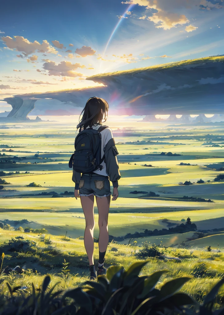 The vast sky, beautiful skyline, large grasslands, extremely tense and dramatic pictures, moving visual effects, the high-hanging Polaris, and colorful natural light. Long-sleeved top, denim shorts, and a girl with a backpack.