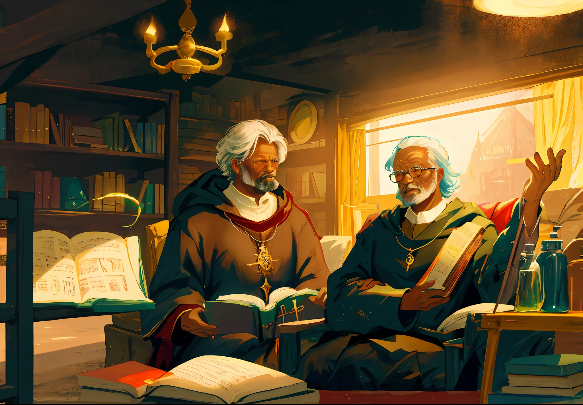 Medieval image, fantasy, old black man in a library reading books, alchemy, extremely realistic, 4k quality.