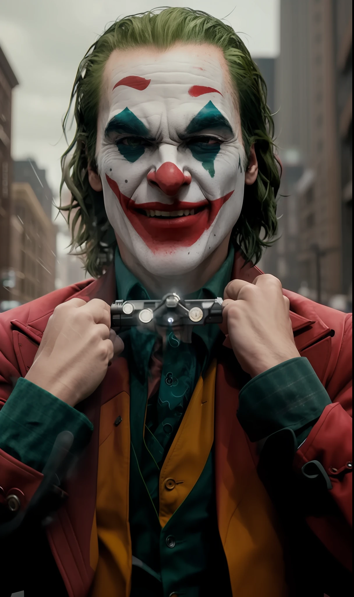 Joker (pointing a gun at his own head) crazy laughing, high detail, sharp focus, photorealistic, moody, smokey, hyperdetailed, 8k, frostbite 3 engine, cryengine, dof, trending on artstation, digital art,( front facing:1.1), city in the background, psycho, psychopath, upper body shot, super detailed hair