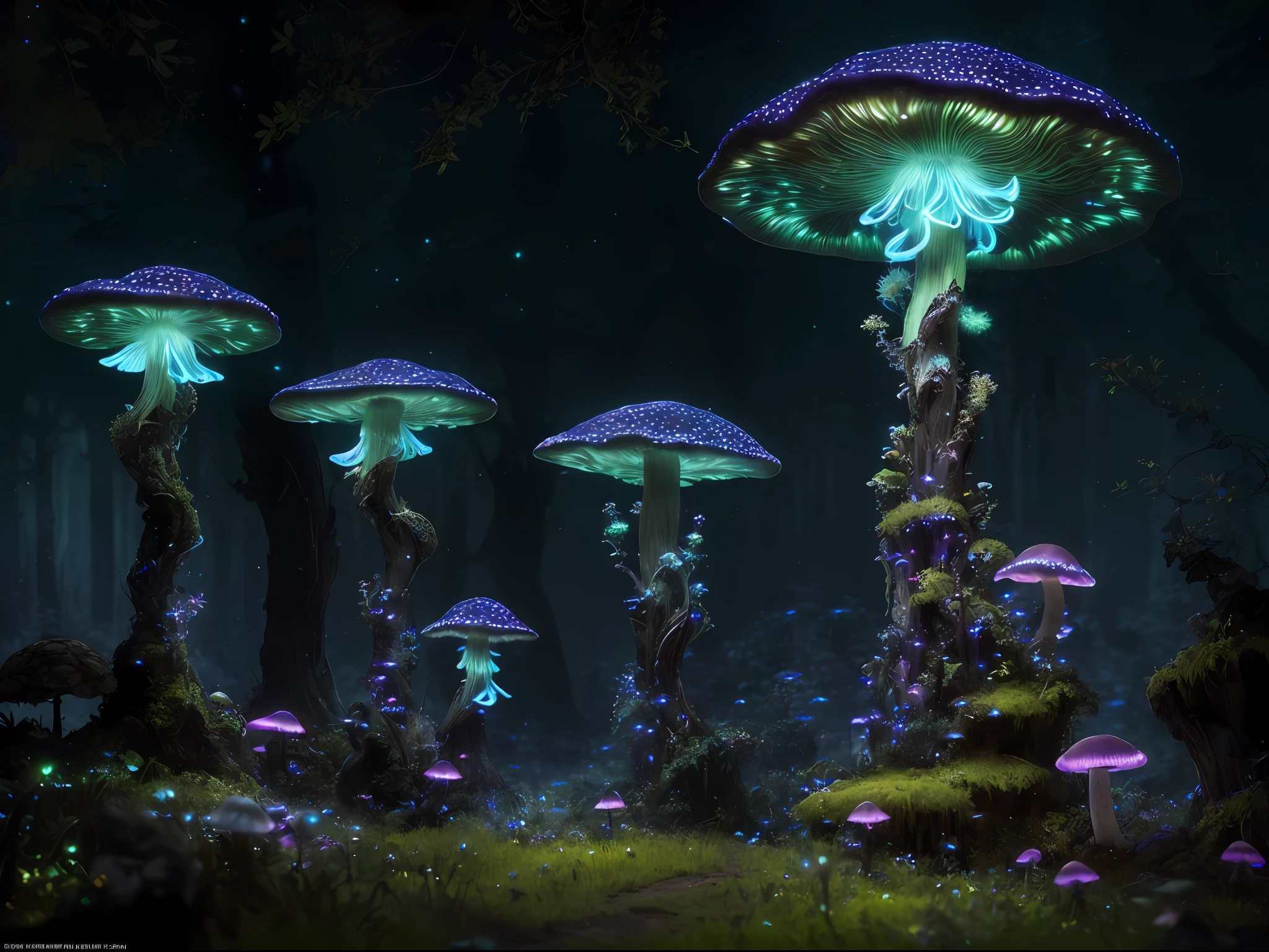 (highly detailed:1.2),(best quality:1.2),8k,sharp focus,(subsurface scattering:1.1)
(glowing magic bioluminescent mushrooms:1.2),psychadelic magic particles inthe air,  (neon bioluminescent mushroom forest at night:1.2), (magical fireflies:1.2)
(very detailed trees and rocks and moss:1.2), (highly detailed background:1.3), RPG, Elden Ring style, (fantasy:1.3),(hyperrealistic:1.2), cinematic lighting, highly detailed, artstation,smooth, sharp focus, artgerm, greg rutkowski, alphonse mucha, editor's pickup, trending on artstation, trending on deviantart, wlop