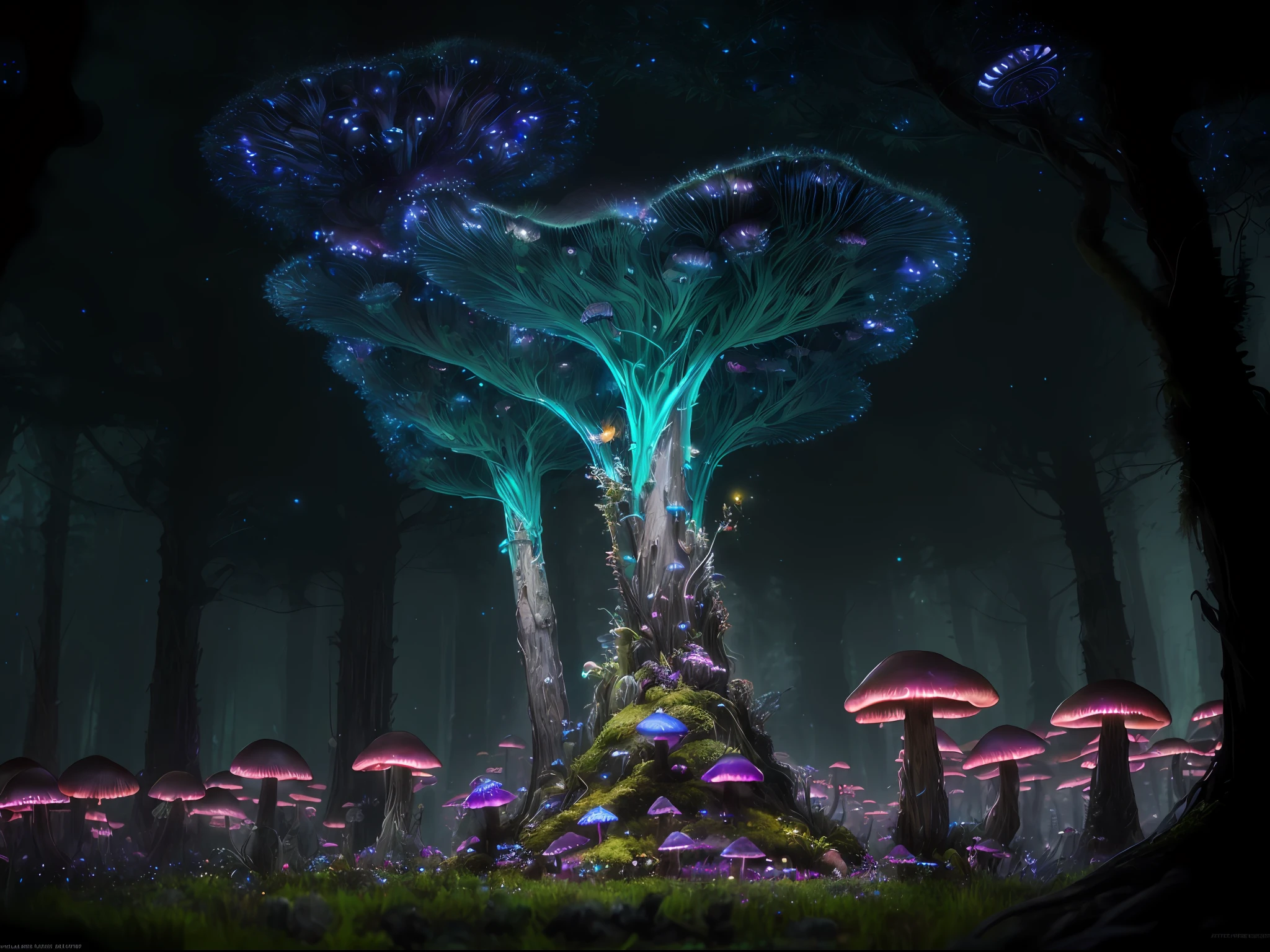 (highly detailed:1.2),(best quality:1.2),8k,sharp focus,(subsurface scattering:1.1)
(glowing magic bioluminescent mushrooms:1.2),psychadelic magic particles inthe air,  (neon bioluminescent mushroom forest at night:1.2), (magical fireflies:1.2)
(very detailed trees and rocks and moss:1.2), (highly detailed background:1.3), RPG, Elden Ring style, (fantasy:1.3),(hyperrealistic:1.2), cinematic lighting, highly detailed, artstation,smooth, sharp focus, artgerm, greg rutkowski, alphonse mucha, editor's pickup, trending on artstation, trending on deviantart, wlop