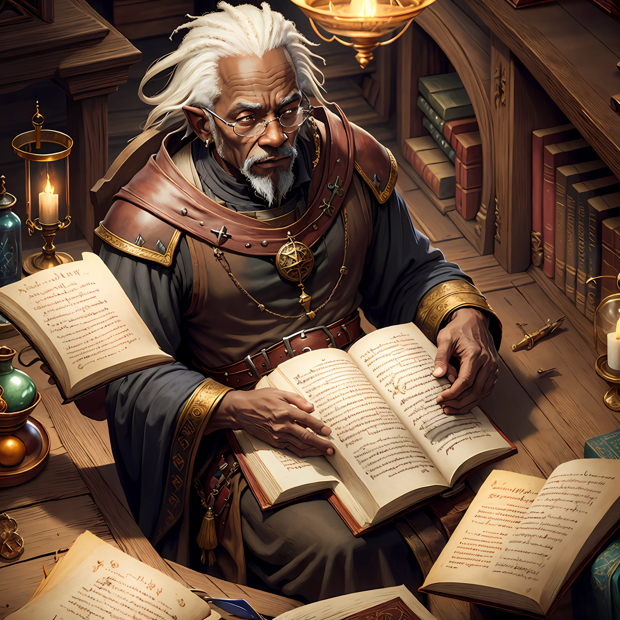 Medieval image, fantasy, old black man in a library reading books, alchemy.