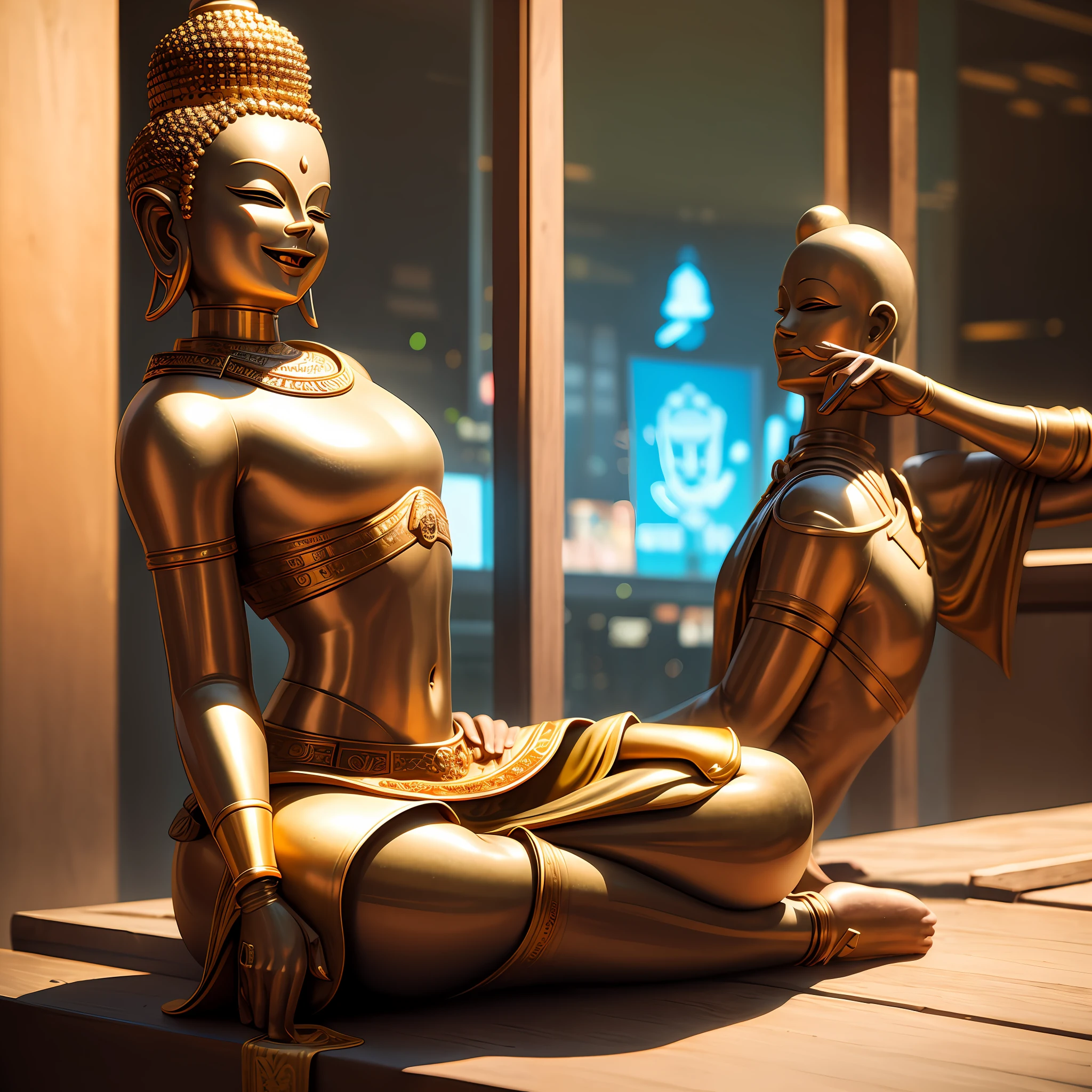 Buddha statue, laughing, (metal: 1.5), smooth, upper body, (head/back disc: 2), bright, ray traced, (realism: 1.4), (best quality: 1.0), (super high resolution : 1.0), 8k, RAW photo, man, (photo: 0.2), super fine, fine skin, (half closed eyes: 1.2), sitting