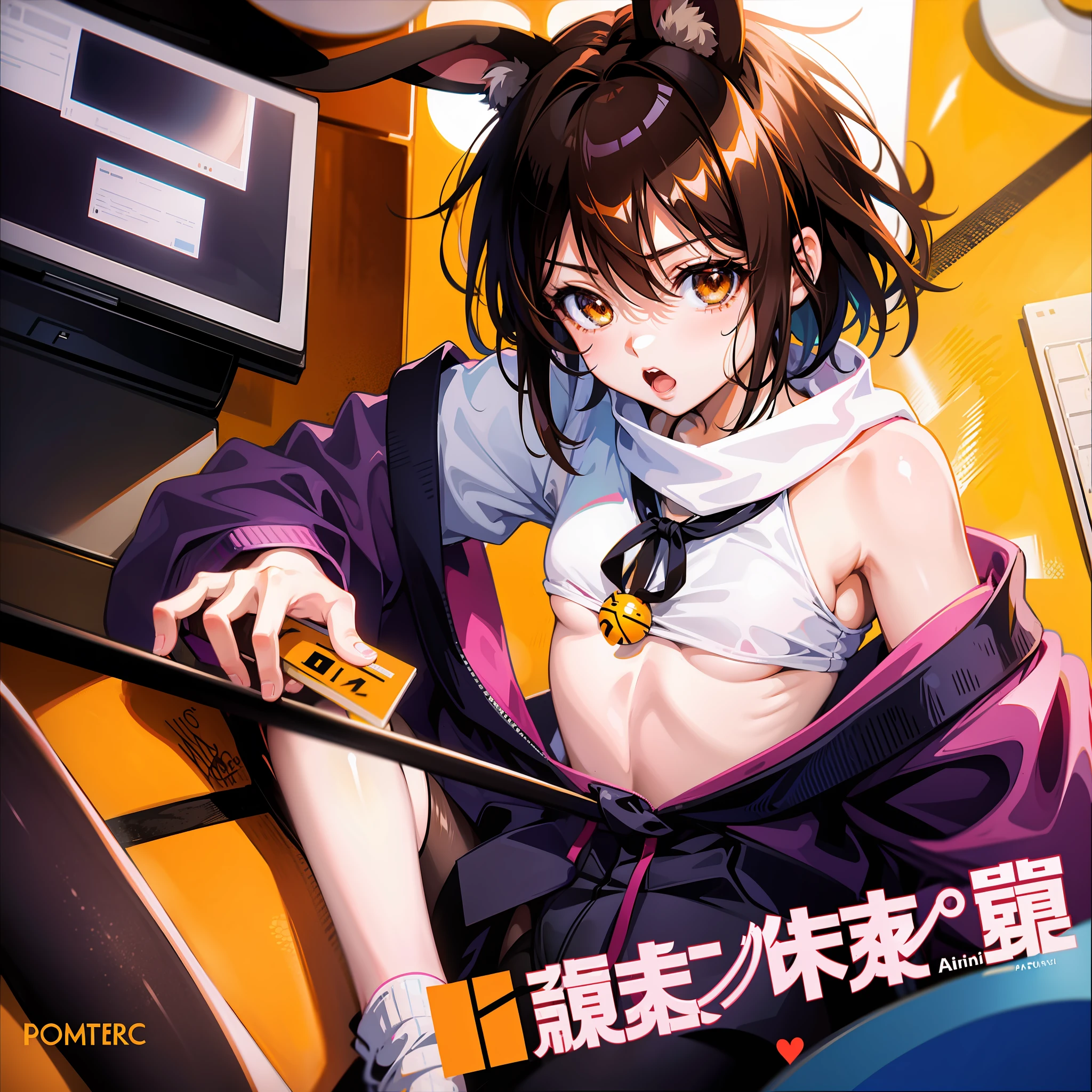 anime screen, 1girl, animal ears, annoyed, brown eyes, brown hair, computer, animal false ears, tights, looking at viewer, mouse \(computer\), pantyhose, playboy bunny, screencap, short hair, solo, suzumiya haruhi, (Suzumiya Haruhi no Yuuutsu)