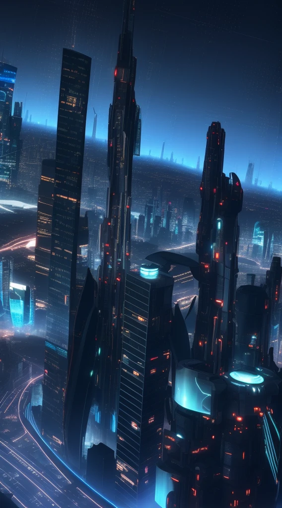 arafed view of a city at night with a lot of lights, futuristic cityscape, photo of futuristic cityscape, futuristic city scape, vista of futuristic city, aerial view of a cyberpunk city, futuristic city backgrond, cyberpunk city at night, landscape of a future city, cybernetic city background, futuristic city, city of the future, hyper-futuristic city