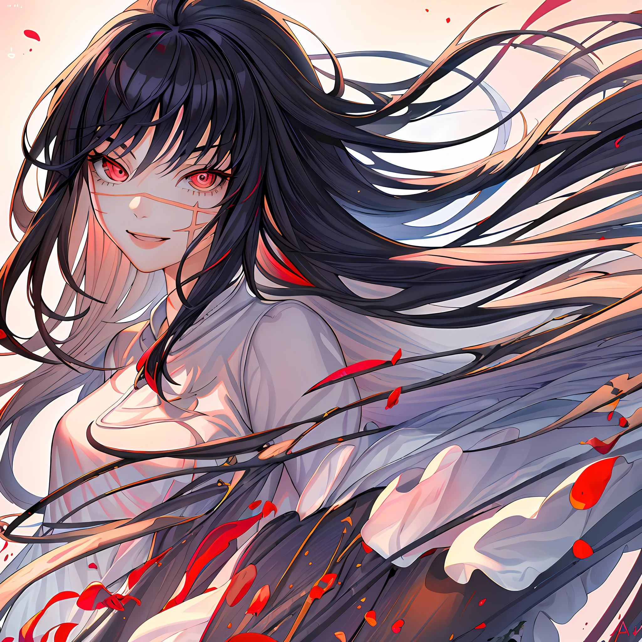 (((best quality))), (((masterwork))), asacsm, 1girl, solo, solo focus, focus on eyes, (beautiful eyes, red eyes:1.2), ((face scar)), standing, portrait, smiling, small lips, cute, long hair, black hair, school uniform, hands behind back, digital art, featured on pixiv, trending on artstation, high contrast, shadened face